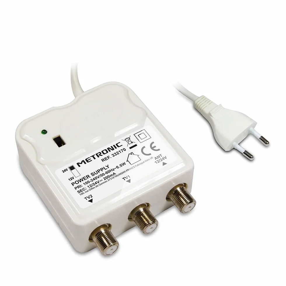 METRONIC 332170 - Amplificador de Interior con Ajuste de Ganancia, 2 Salidas de TV de 9,52 mm – Fuente de alimentación de 12/24 V para Amplificador de TV – Fuente de alimentación – Color Blanco