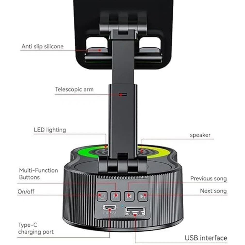 Sonicdrop Dock, Bluetooth Speaker Stand, Foldable Angle Phone Charger Stand, Mini Portable Ambient Light Stereo with 360 Degree Rotation & RGB Colors Light, For All Smart Phone (Black)
