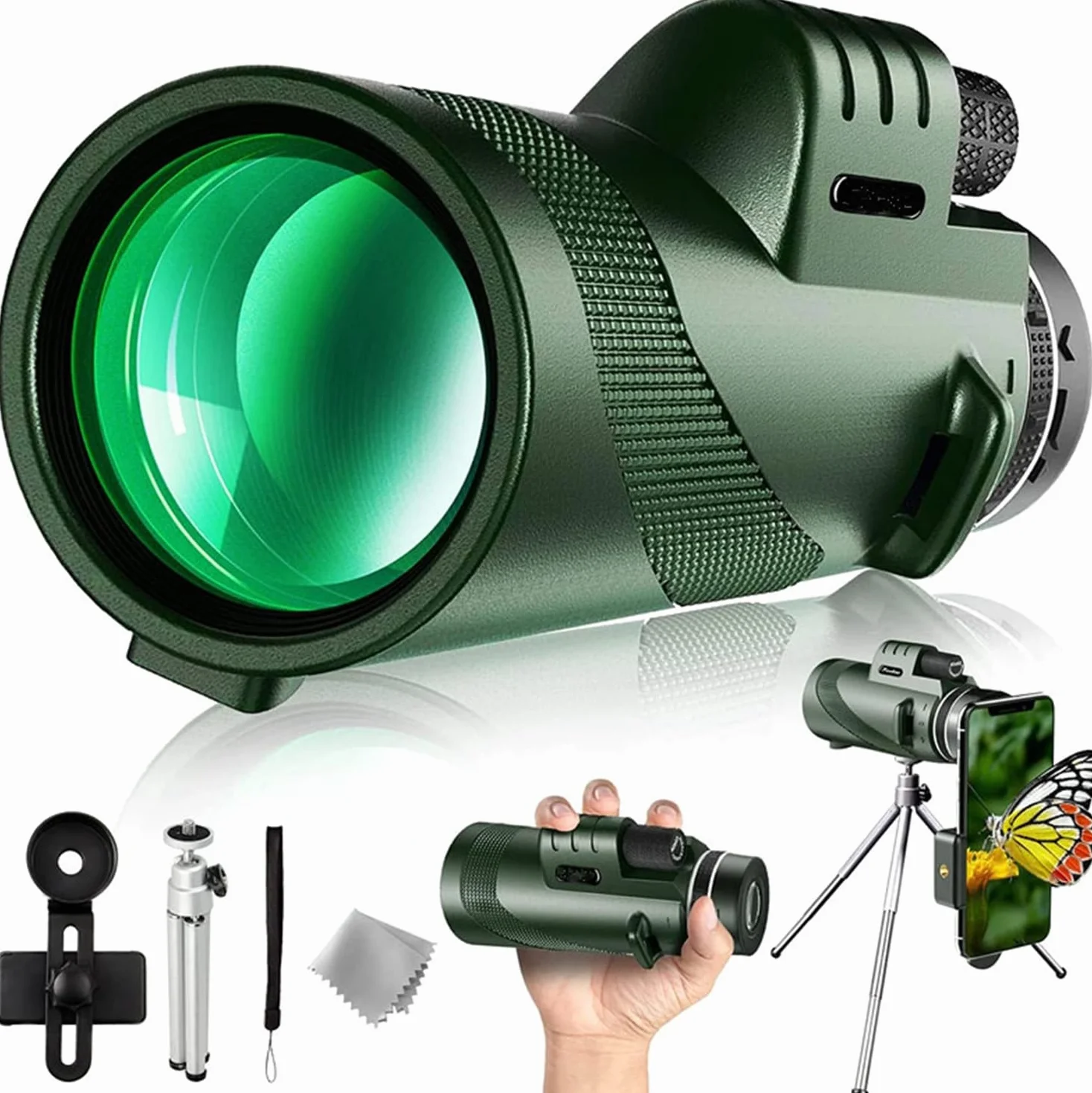 Telescopio Monocular, HD Monocular 12 x 50, Prisma BAK-4 de Alta Potencia y FMC monoculares, monocular, para observación de Aves, Caza, Viajes, conciertos (Verde Militar)