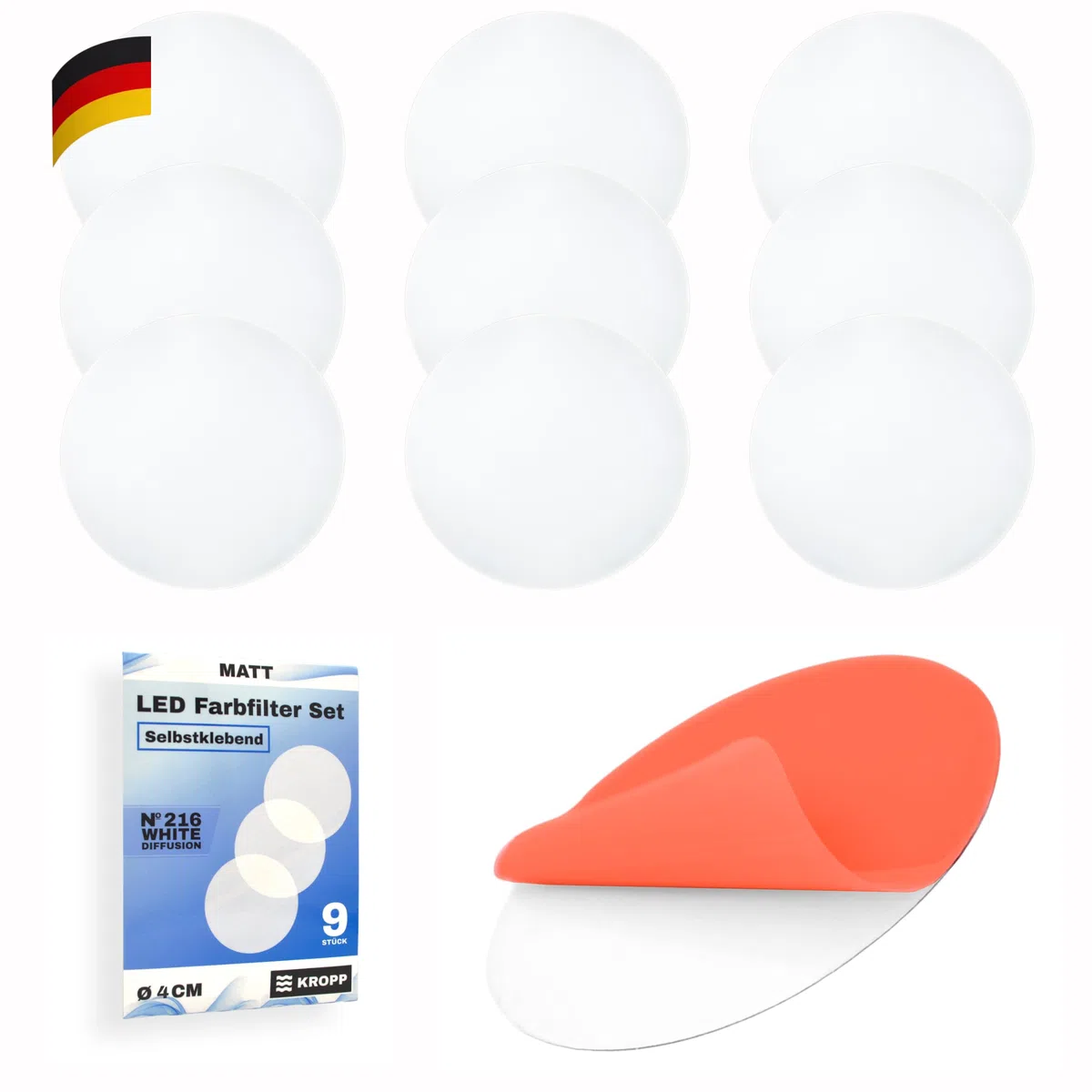 KROPP - Hojas difusoras autoadhesivas para lámparas LED, corte circular, hoja de vidrio esmerilado contra sombras fuertes, juego de filtros con 9 piezas (⌀ 40 mm)