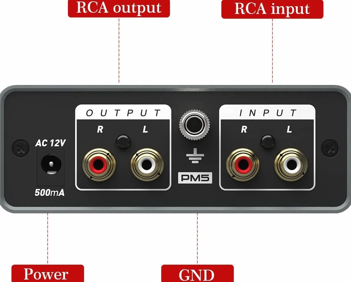 Phono Preamplificador Profesional para Tocadiscos de Vinilo, Estéreo con Entrada/Salida RCA, Salida de Auriculares