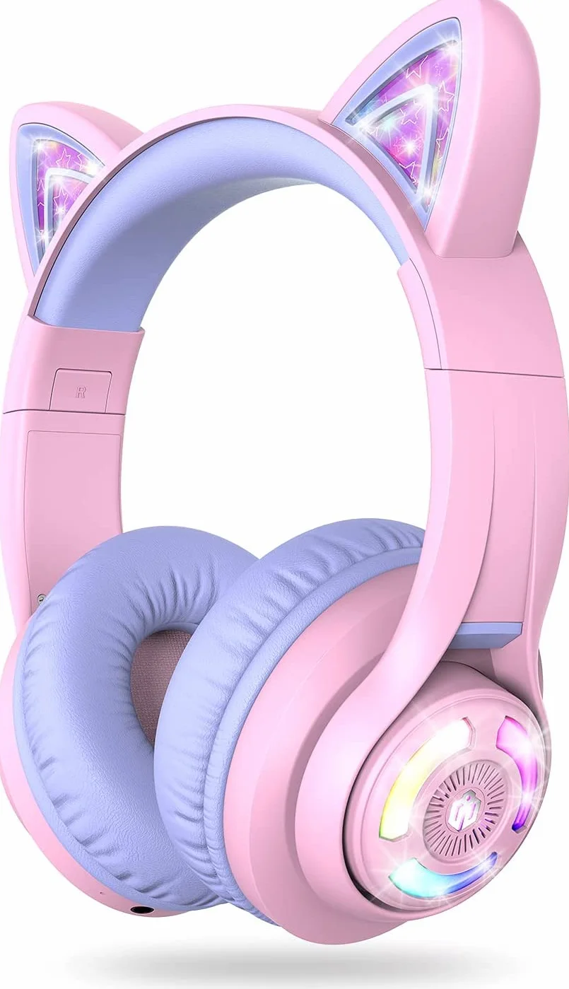 iClever Auriculares Bluetooth para Niños, BTH13 Cat Ear LED Light Up Kids Auriculares Inalámbricos, 50H Playtime, 74/85/94dB Limitación de Volumen, con Micrófono sobre la Oreja