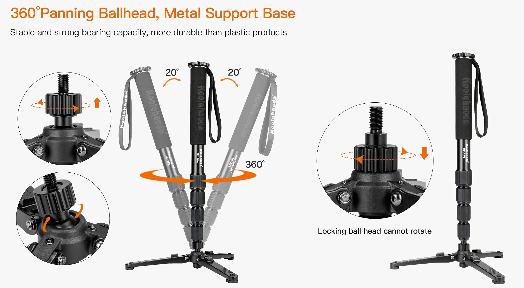 Koolehaoda Monopod Base Trípode Stand con Tornillos de 3/8" para Monopod Ball Head - (KM3)