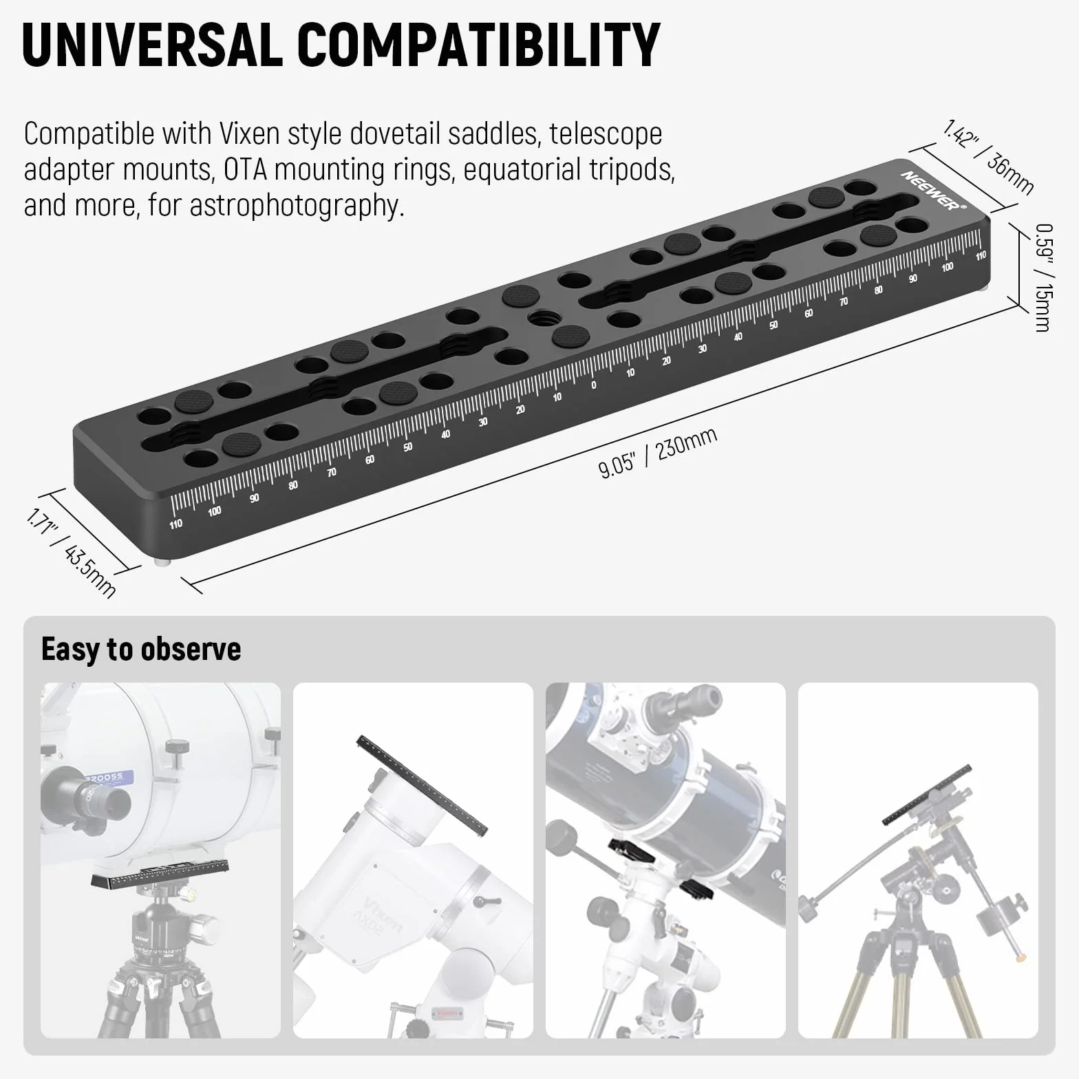 NEEWER 9"/230mm Barra de Riel de Placa de Cola de Milano, Placas de Montaje de Metal con M6 1/4" 3/8" Tornillo para Adaptador de Montura de Telescopio OTA Trípode Ecuatorial de Astrofotografía, QR003