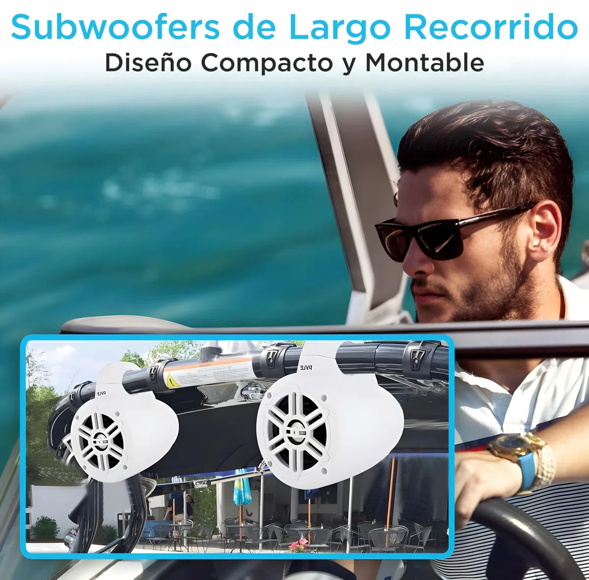 Pyle Altavoces de Torre, Wakeboard Marinos, A Prueba de Agua, Subwoofer Doble de 4”, 300W, Kit de Sistema de Audio, para Barco, Tweeter de cupula de Titanio, Abrazaderas de Montaje