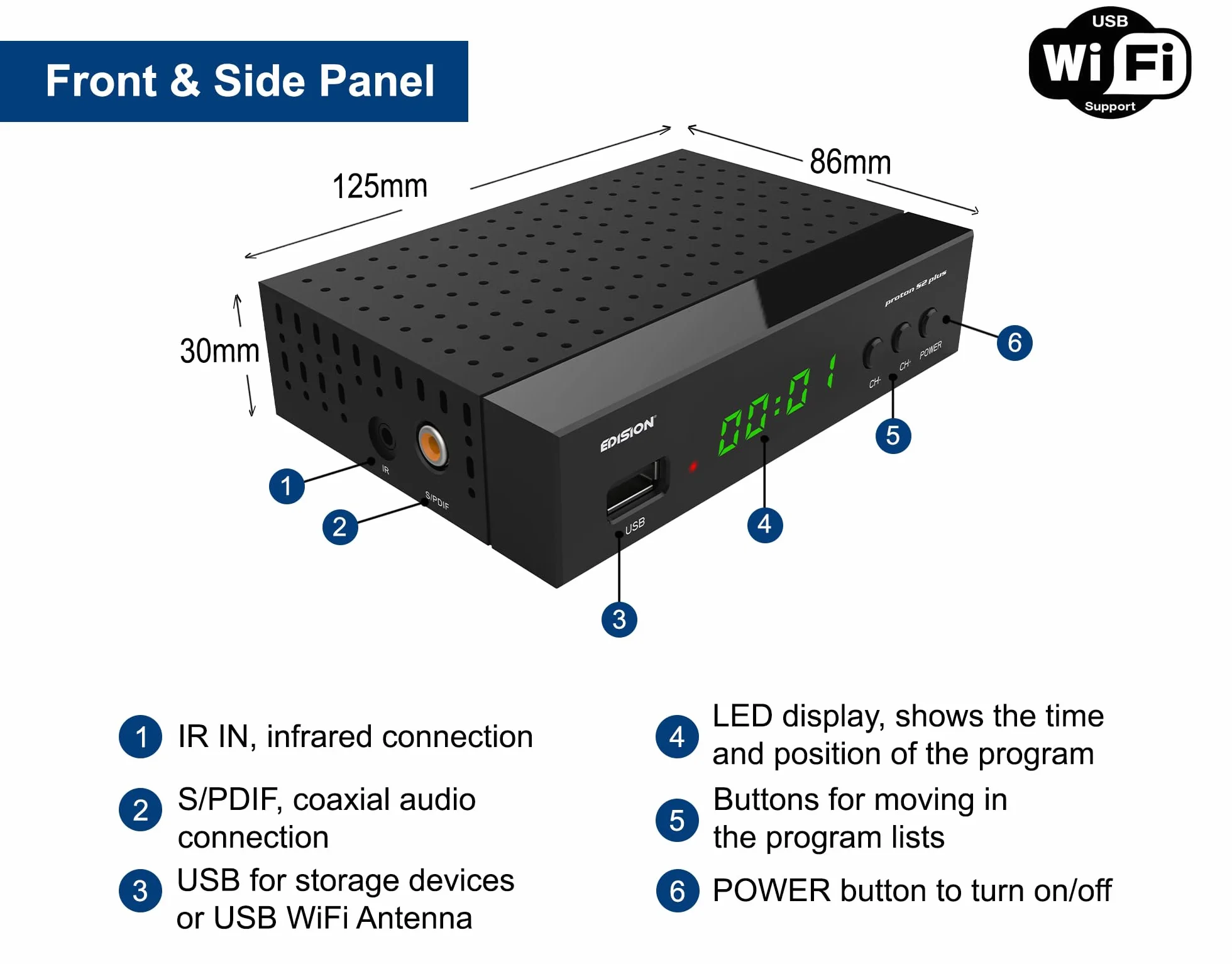 EDISION Proton S2 Plus Full HD Receptor de satélite Digital DVB-S2 FTA, Soporte Unicable, Soporte USB WiFi, LAN, HDMI, SCART, SPDIF, USB, IR, Lector de Tarjetas, Mando a Distancia Universal 2en1