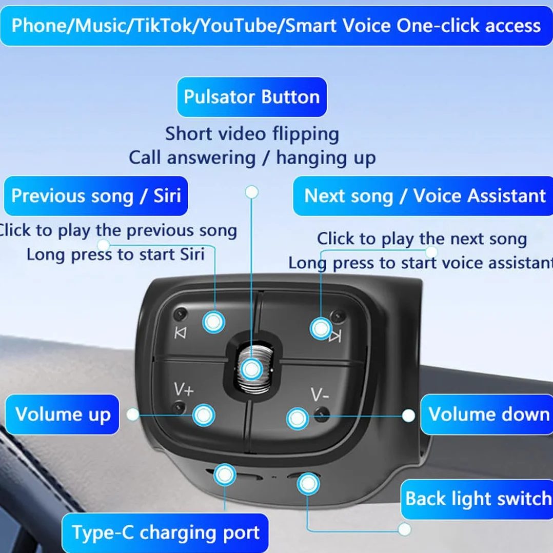 TikTok - Mando a distancia Bluetooth para coche, bicicleta, motocicleta, botón de control del volante, batería recargable integrada, compatible con iPhone y teléfonos Android