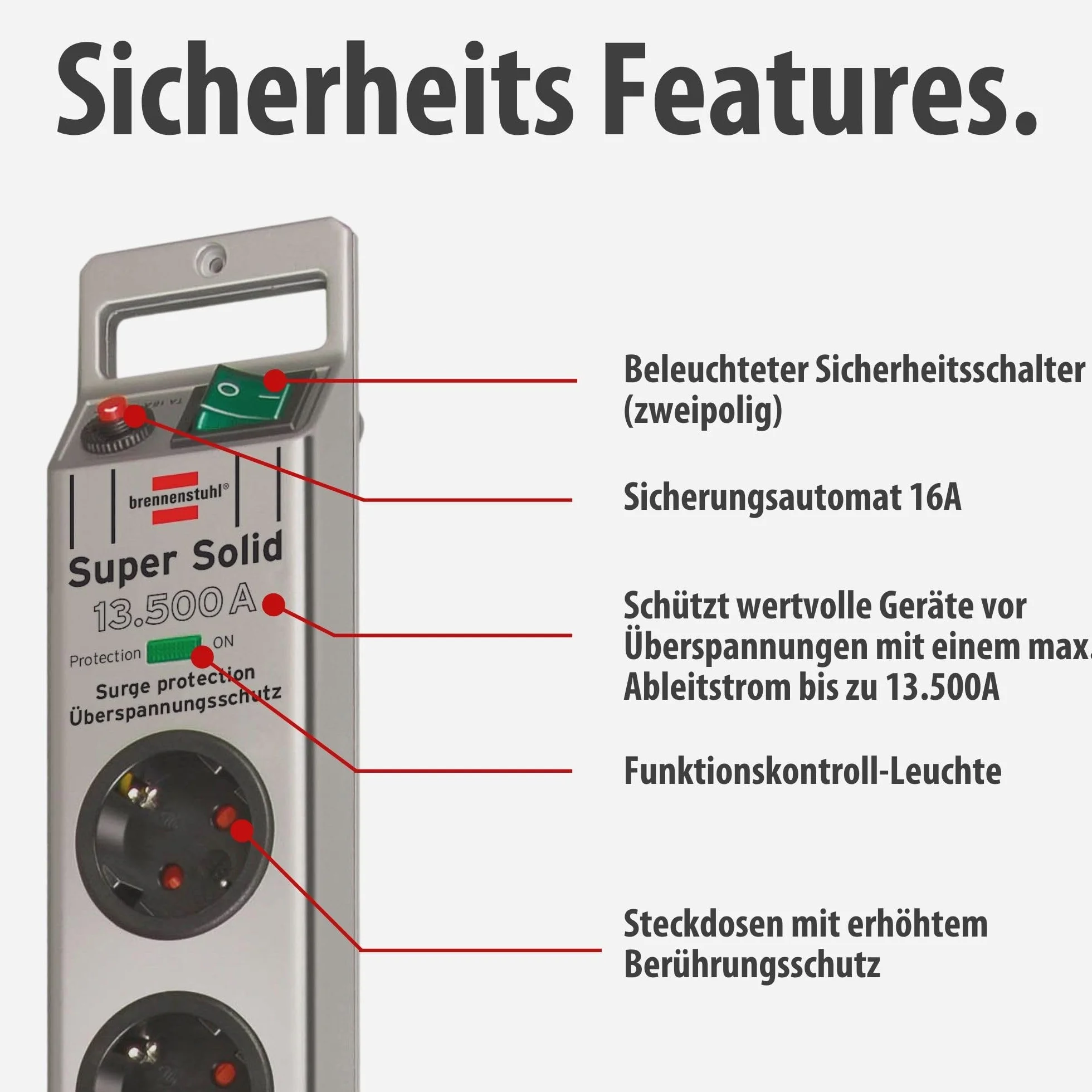Brennenstuhl Super-Solid regleta de 5 enchufes con protección contra sobretensiones (regleta eléctrica con Cable de 2,5m e Interruptor - de policarbonato Resistente a la Rotura) Plata
