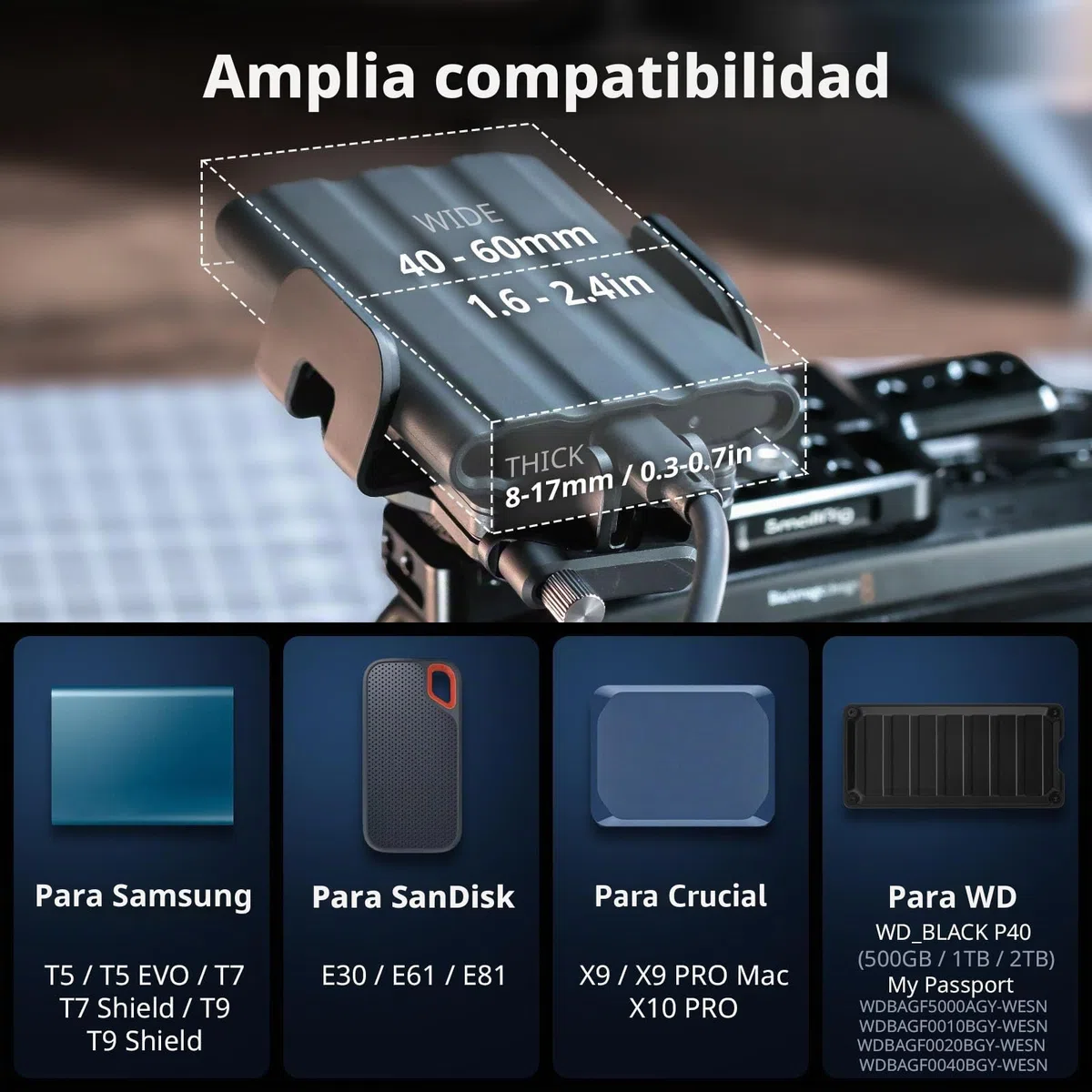 SMALLRIG Soporte universal para SSD con abrazadera de cable de zapata fría, abrazadera de 40-60 mm de ancho, soporte de montaje SSD para MagSafe, para Samsung T5 T7 SSD, para SanDisk SSD, compatible