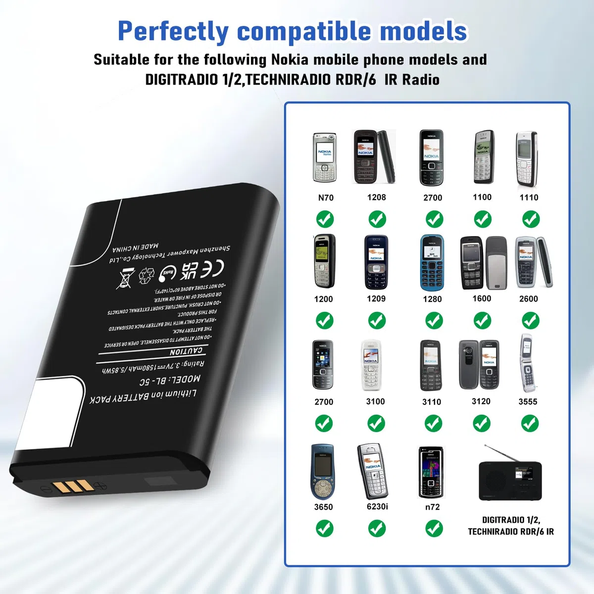 Batería BL-5C, batería de repuesto de iones de litio de alta capacidad de 1580 mAh para Nokia 1100, 1600, 2310, 3100, 3110, 3120, 5030, 6030, 6230, 6270, 6600, N70 y DIGITRADIO 1/2, TECHNIRADIO O RDR