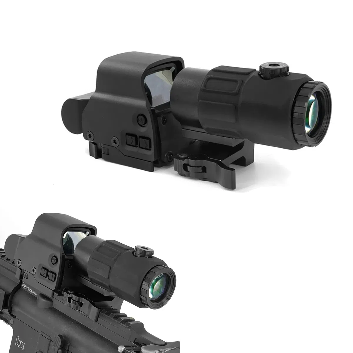 558 mira de punto rojo y verde con lupa G45 5X con soporte QD, liberación rápida, visión reflectante holográfica óptica, 20 niveles de brillo, lentes multicapa, negro/FDE/A-TACS