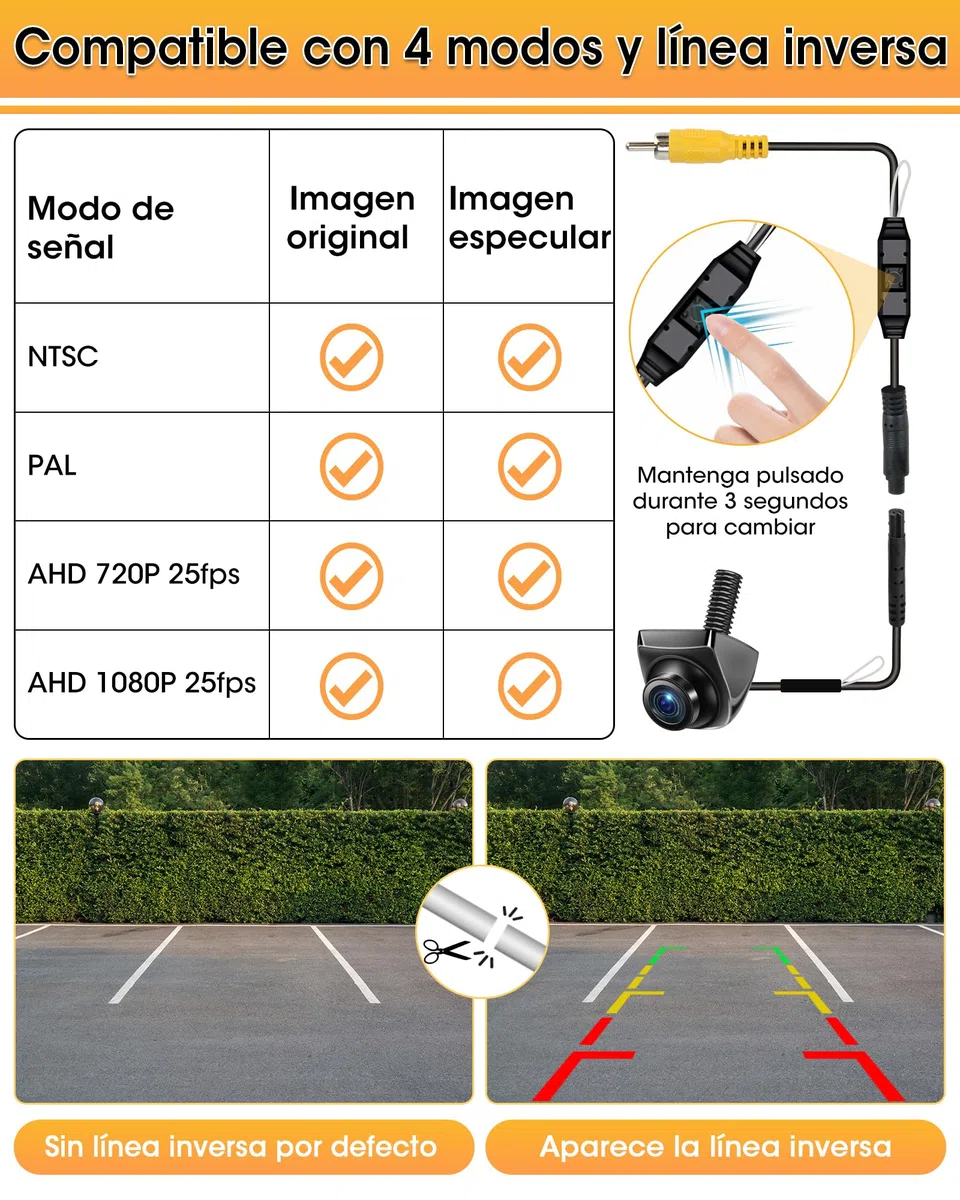 【4 Modos de Señal】 Cámara Marcha Atras Coche 360°+45° Giratorio Soporta Modelos AHD 1080P/720P/NTSC/PAL Cámara Trasera para Coche Camión Super Visión Nocturna 170° Gran Angular