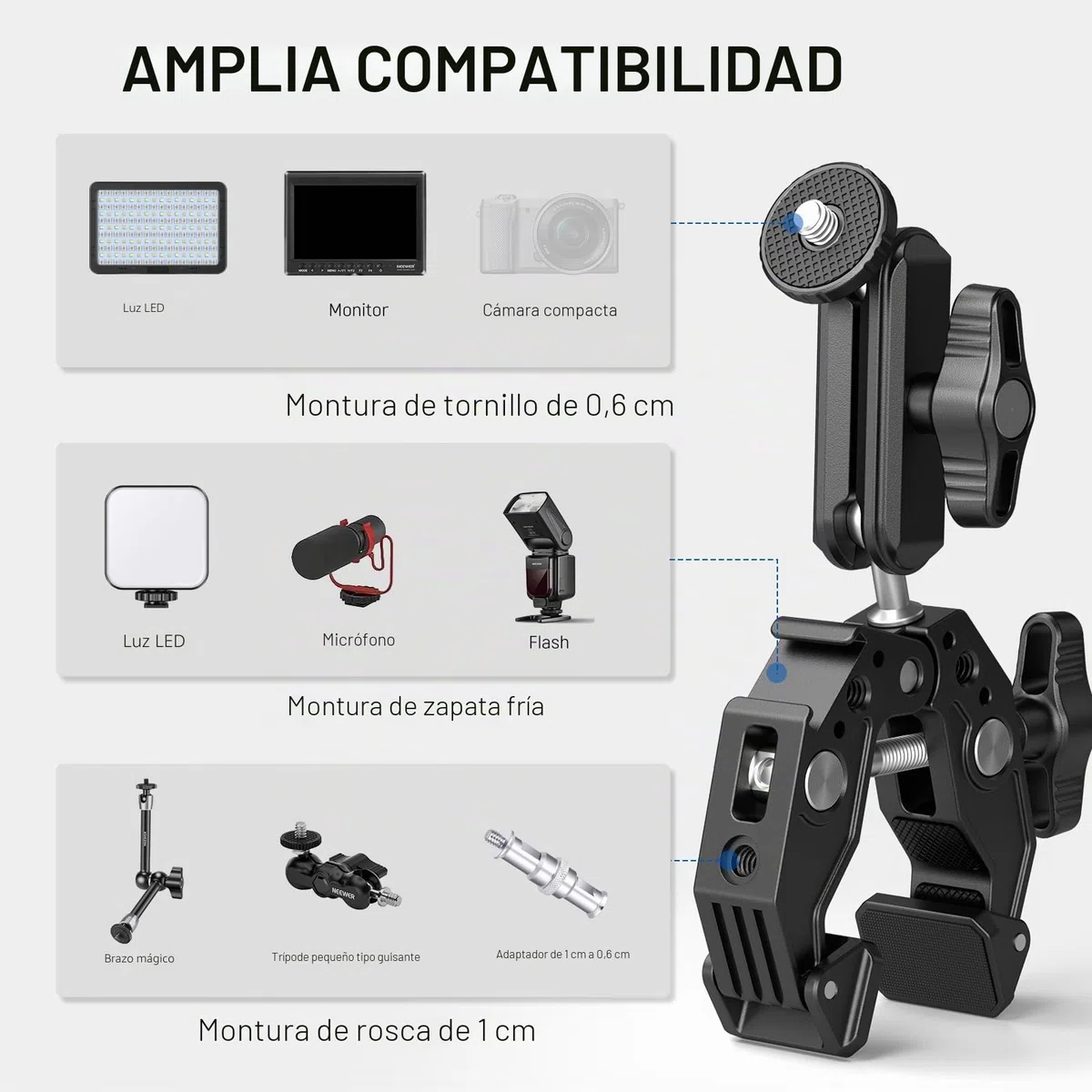 NEEWER Super Clamp con 3" Magic Arm de Doble Cabeza esférica, Cold Shoe, Rosca 1/4", Adaptador Teléfono/Cámara Acción para Trípode de Mesa Barras Gimbal, Compatible con SmallRig GoPro dji, ST83