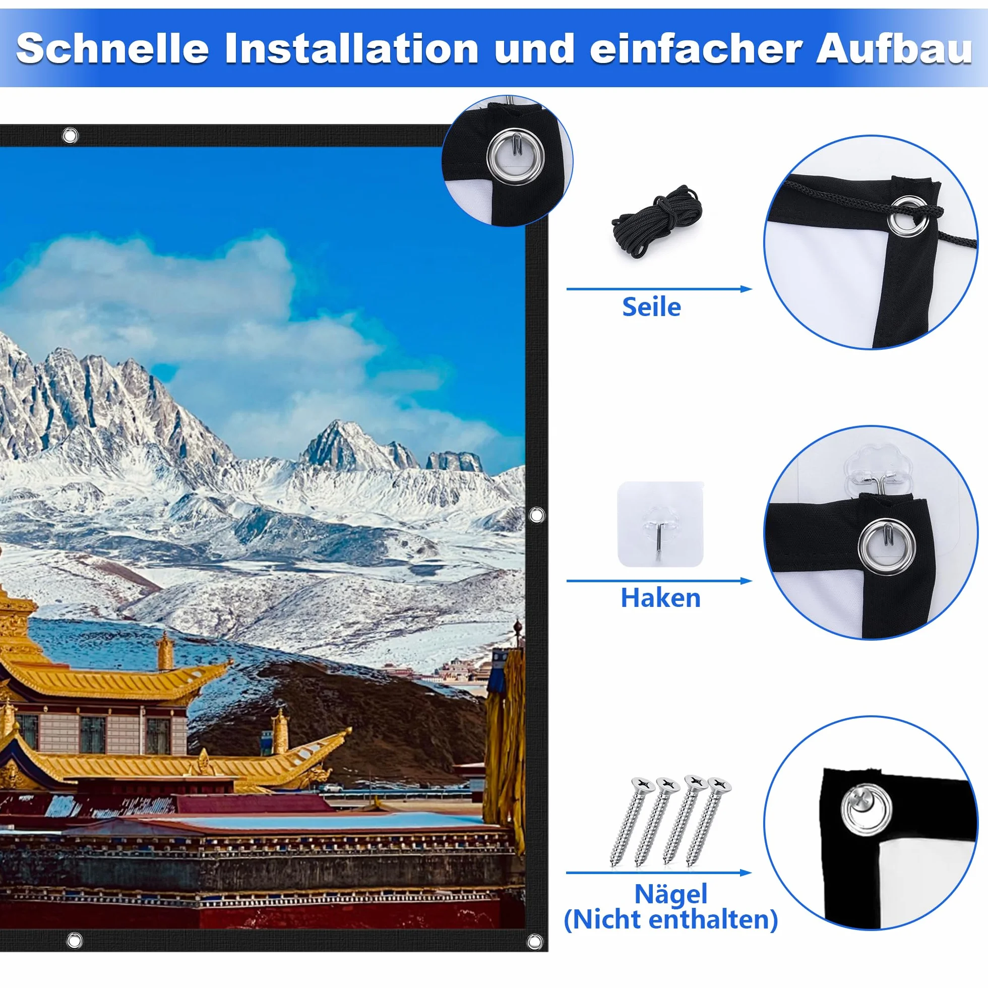 Pantalla Proyector 100 Pulgadas, 16:9 4K Full HD Portátil Pantalla, Antiarrugas Lavable Tela Proyector para Exterior Camping Fiesta Hogar