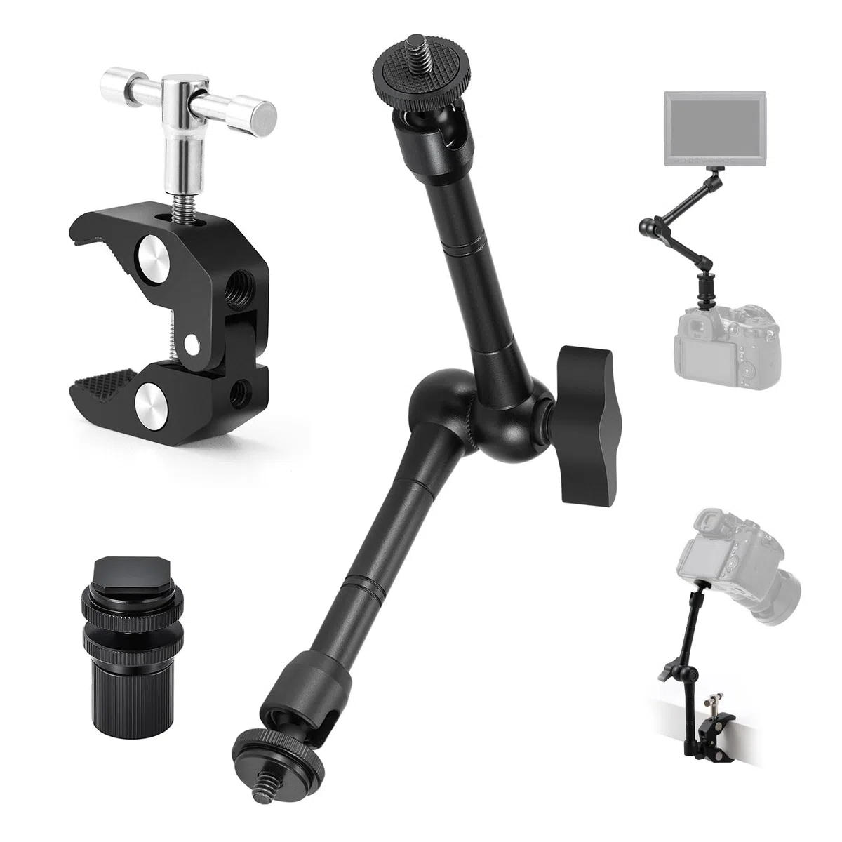 TARION Brazo mágico con súper abrazadera – Soporte de brazo de fricción articulado flexible mejorado de 28 cm y abrazadera de cangrejo ajustable con tornillo de rosca de 1/4 pulgadas 3/8 pulgadas para