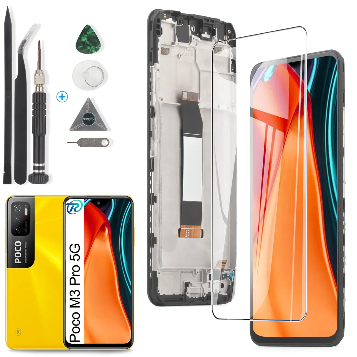 RongZy para Xiaomi Poco M3 Pro 5G M2103K19PG M2103K19PI LCD+Pantalla Táctil Digitalizador Asamblea Reemplazo +Reparación Herramientas(Negro con Marco)