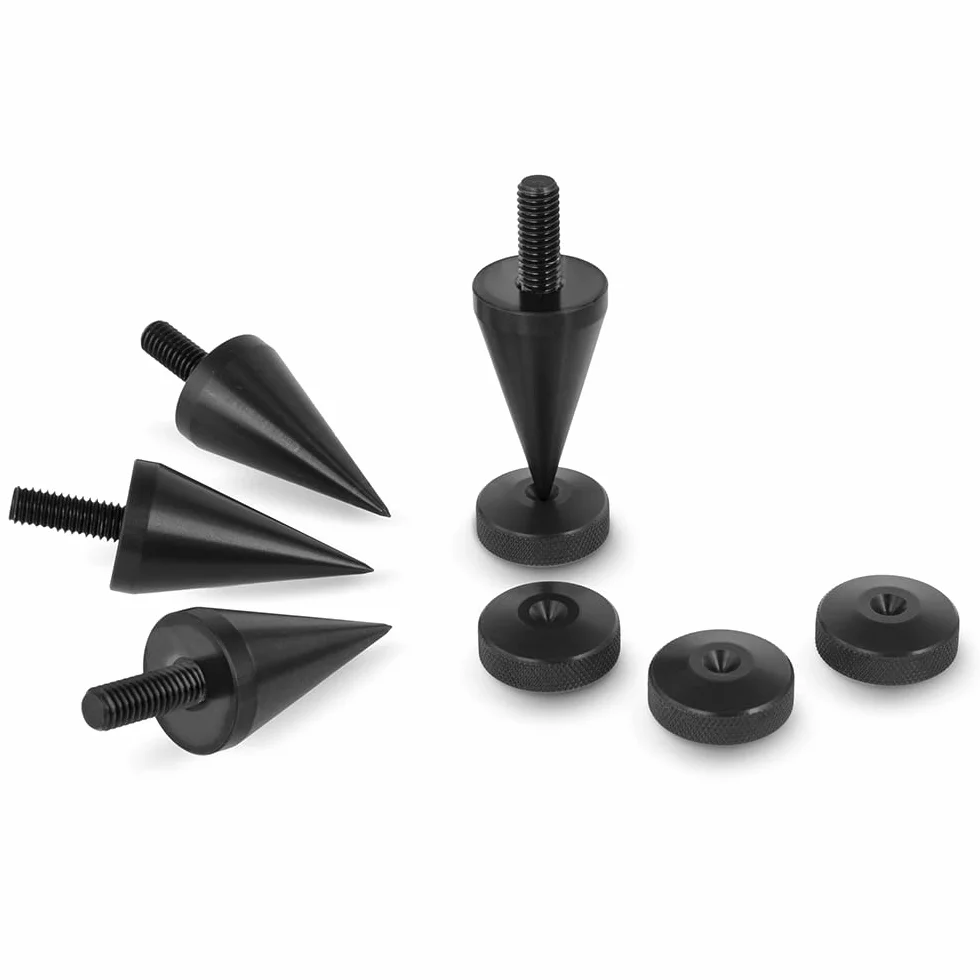 PrecisionGeek - Picos de Altavoz Grandes de Aluminio anodizado Negro M8, Cono de 20 mm de diámetro, Almohadillas de Altavoz de 20 mm de diámetro con Bordes con Acabado moleteado