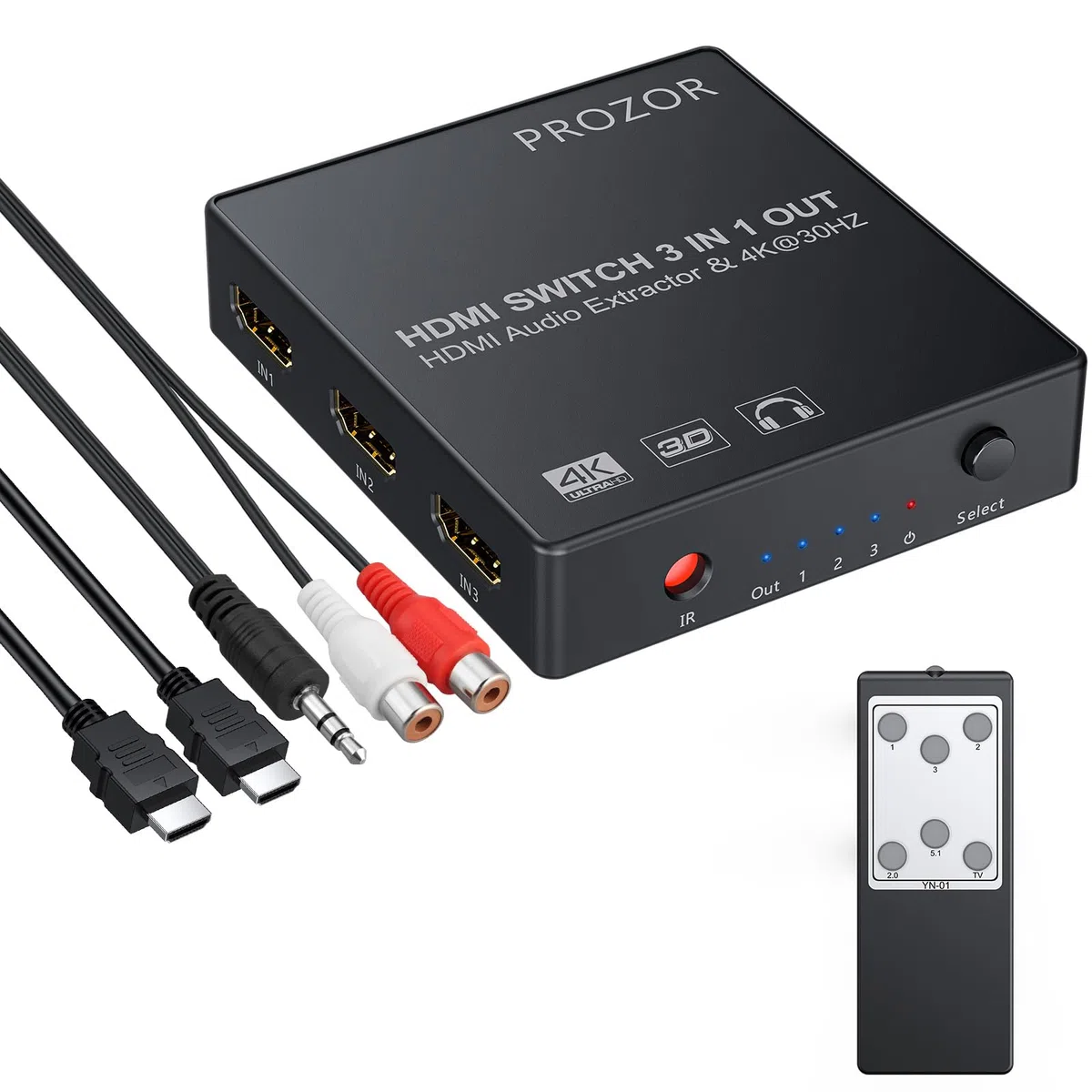 HDMI Convertidor Switch 3x1 con Extractor de Audio Salida Analógica Óptica Toslink SPDIF Soporte 4K 3D con Mando IR Cable HDMI Cable USB y 3.5mm Macho a 2 Cables Hembra RCA Para Blu-ray DVD PS4 TV