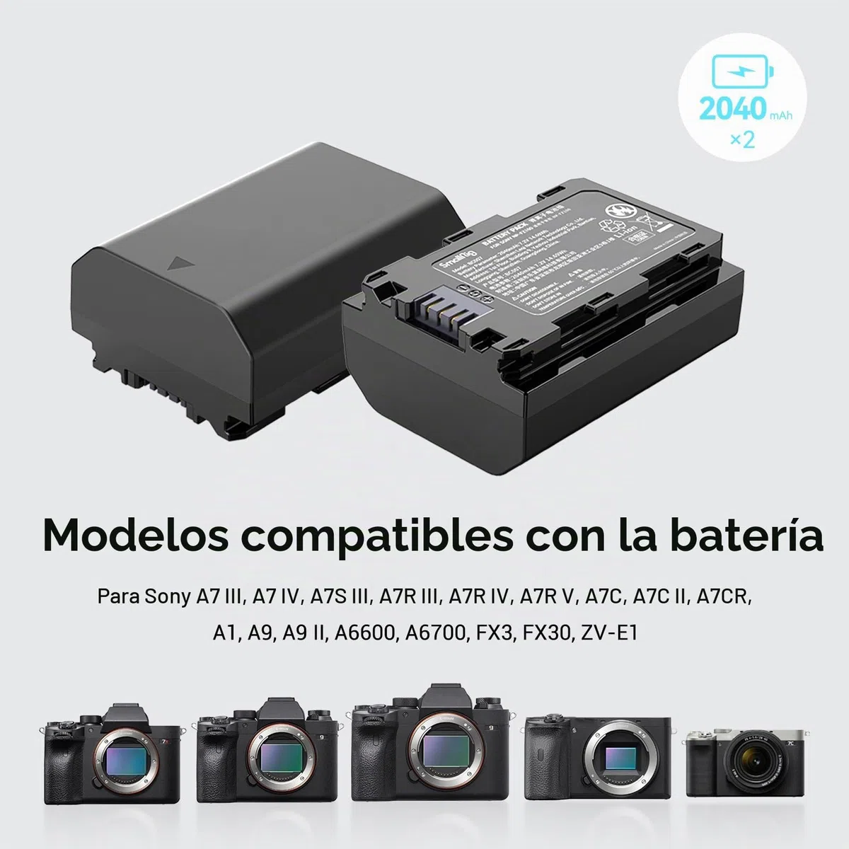 SMALLRIG 2 Pack 2040mAh Reemplazo Compatible con NP-FZ100 Batería y Kit de Cargador, Dual con Puerto USB-C,Compatible para Sony A7R IV,A7R III,A7 III,A7C,FX3, FX30,A6600,A6700,ZV-E1,A1,A9-3824B