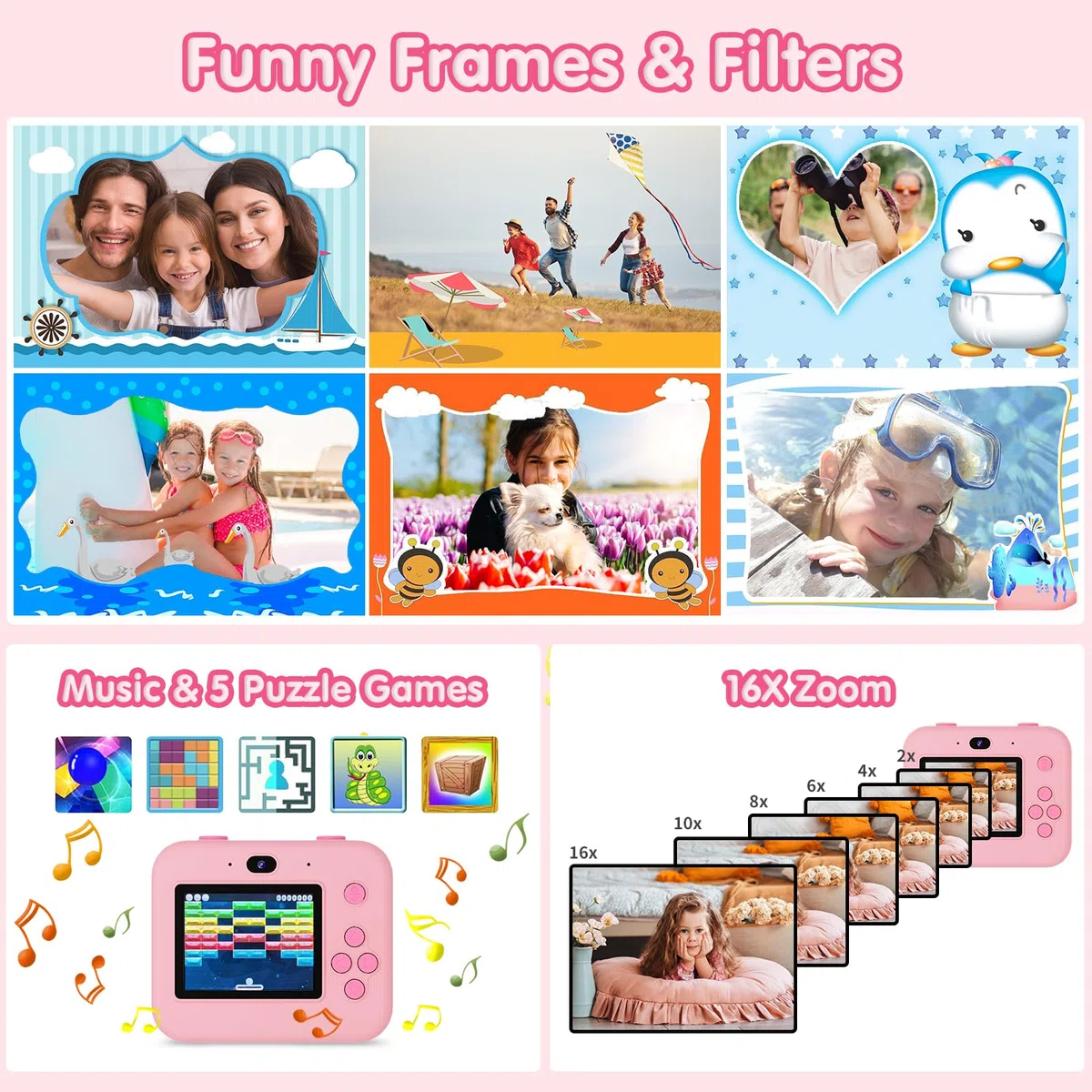 Camara Fotos Infantil instantaneas,Selfi Camara instanea,1080P 2,4''HD Video Camara Fotos Infantil para niños con Tarjeta SD de 32GB,Regalos de Juguete para niñas de 3 a 12 años Cumpleaños Navidad