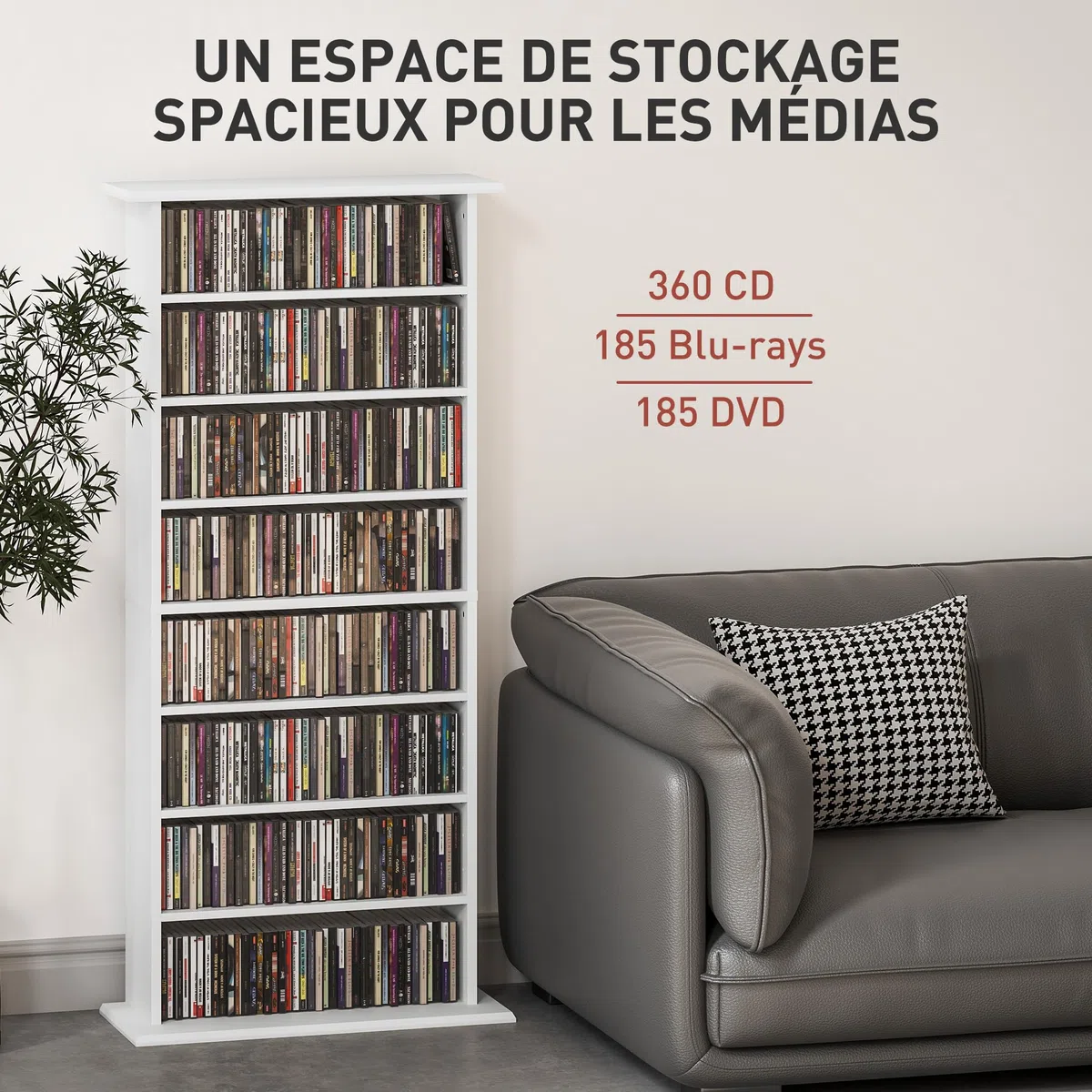 Almacén de CD y DVD HOMCOM, Unidad de Almacenamiento Multimedia con 8 Compartimentos y 6 estantes Ajustables, Capacidad máx. 360 CD/185 DVD y BLU-Ray, 58 x 24 x 124,5 cm, Blanco