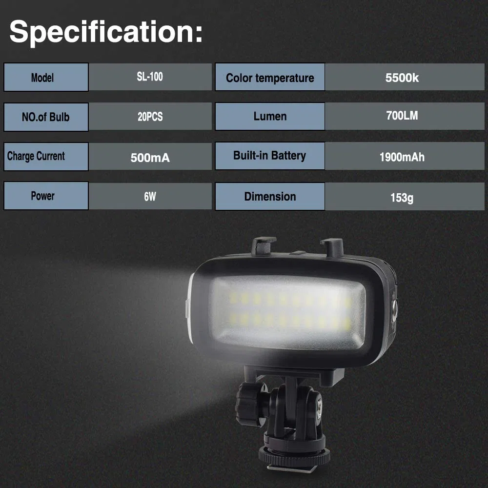 Sea frogs Sl-100 700LM Diving Video llenar de luz Iluminacion LED lámpara Impermeable 40m 1900mAh Bateria Recargable incorporada con difusor para GoPro Camara de Deportes de accion sjcam Xiaomi Yi