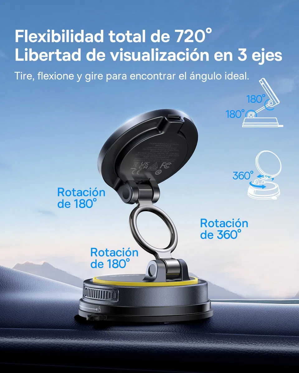 Baseus VC2 Flex Pro 15W Cargador Inalámbrico Coche, Soporte Teléfono Móvil para Coche con Función de Carga, Flexibilidad de 720°, Sujeción Magnética de 35N para iPhone 17-12 Serie, Samsung