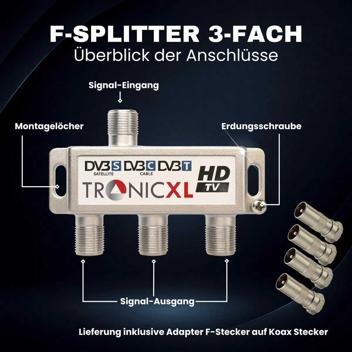 TronicXL Distribuidor de antena de 3 enchufes BK Premium Cable distribuidor de antena de televisión por cable DVBC Sat Splitter Unicable Sky Cable Aerial TV Freesat Freeview Virgin Dbox 3 enchufes hd