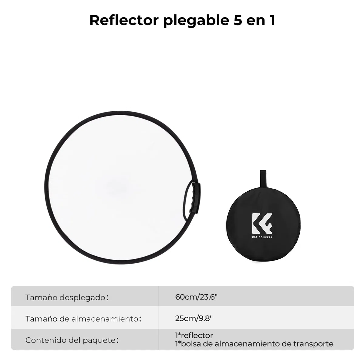 K&F CONCEPT Reflector de Luz 5 en 1 Difusor de Fotografía de 22"(60cm) Colapsable Portátil para Iluminación de Estudio y Exterior Oro Plata Blanco Negro Translúcido