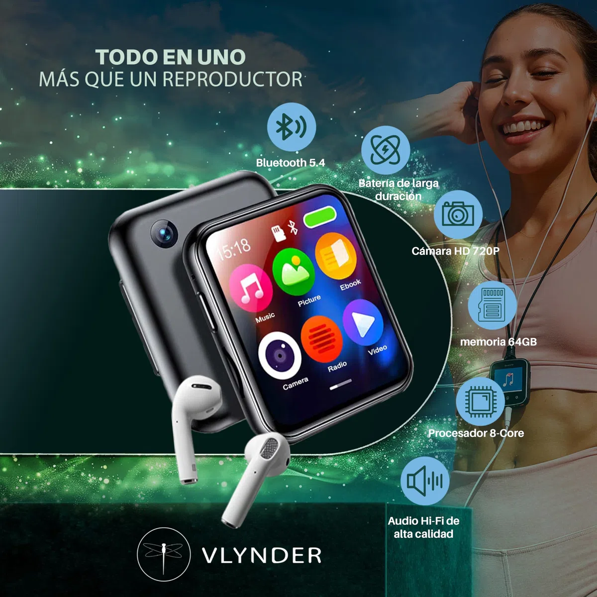 Reproductor MP3 con Bluetooth 5.4, 64GB | Mini HiFi-Music Player con Clip Deportivo | Premium | Pantalla Táctil 2,01 Pulgadas | Cámara 720P | Radio FM | Grabadora de Voz | Expansible 256gb