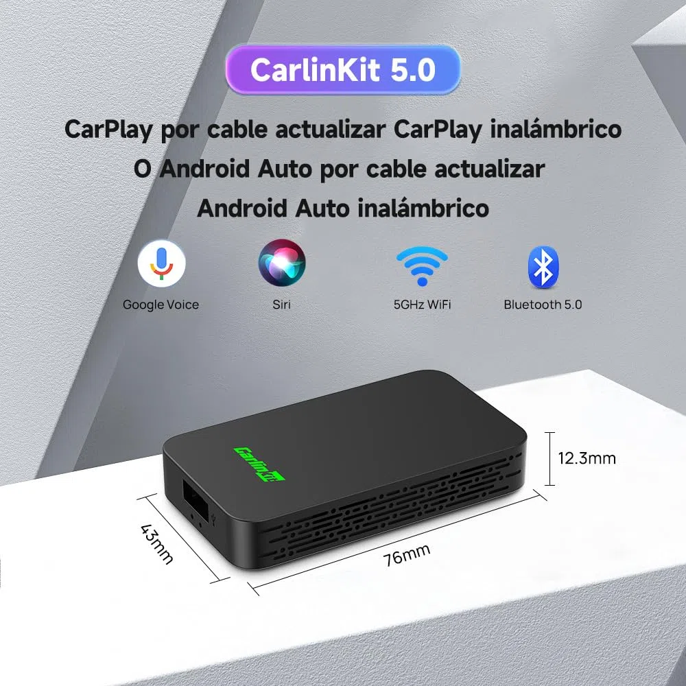 Carlinkit 5.0 CarPlay y Android Auto inalambrico (2 en 1),For para Coches equipados con CarPlay y Android Auto(año de fabricación: 2017 a 2024) 5GHz WiFi, Auto Connect, Actualización en Línea