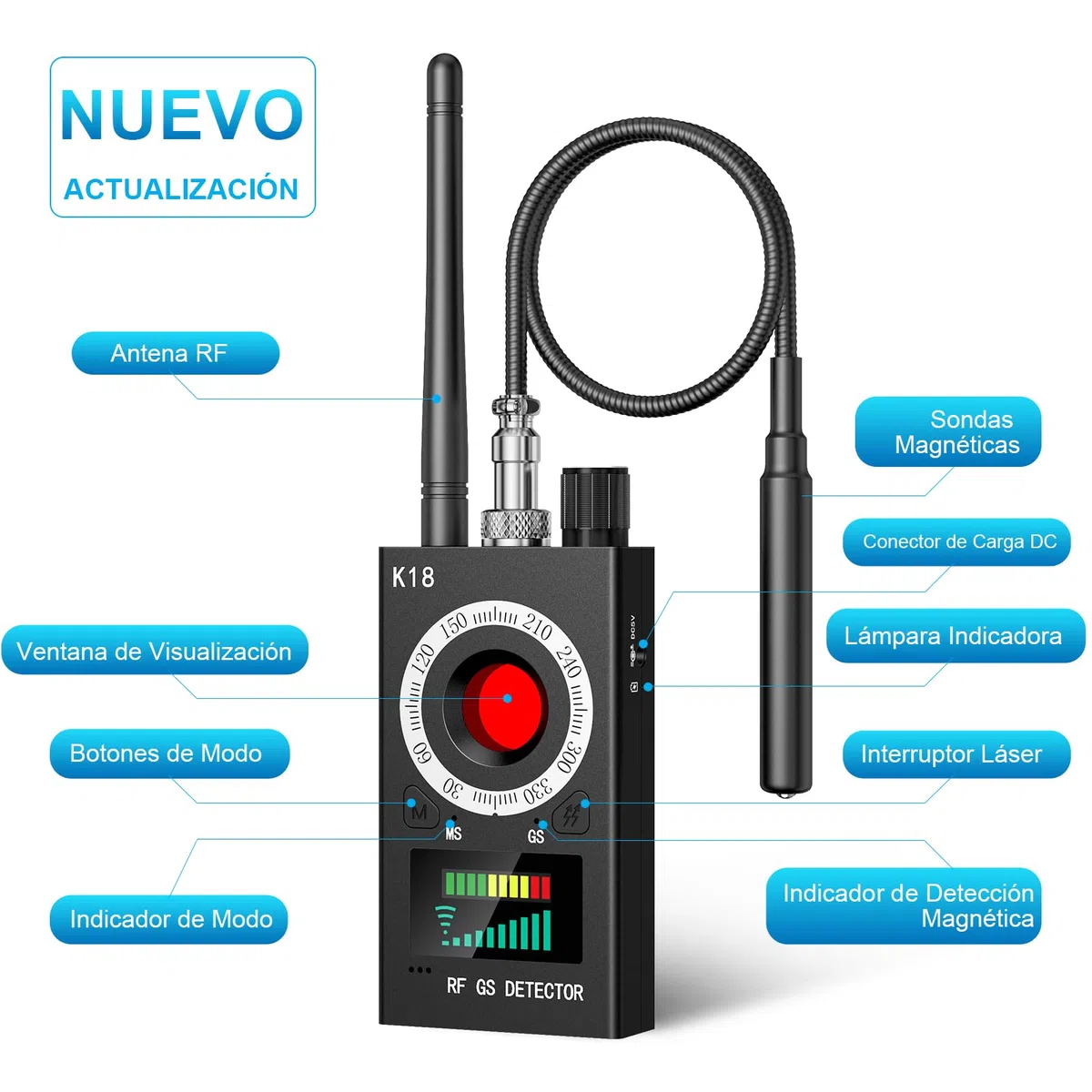 Detector de Micrófonos Ocultos, Detector de bichos GPS Spy Finder Cámara Oculta Láser para gsm Tracker Wiretap Radio Cámaras Bug Finder