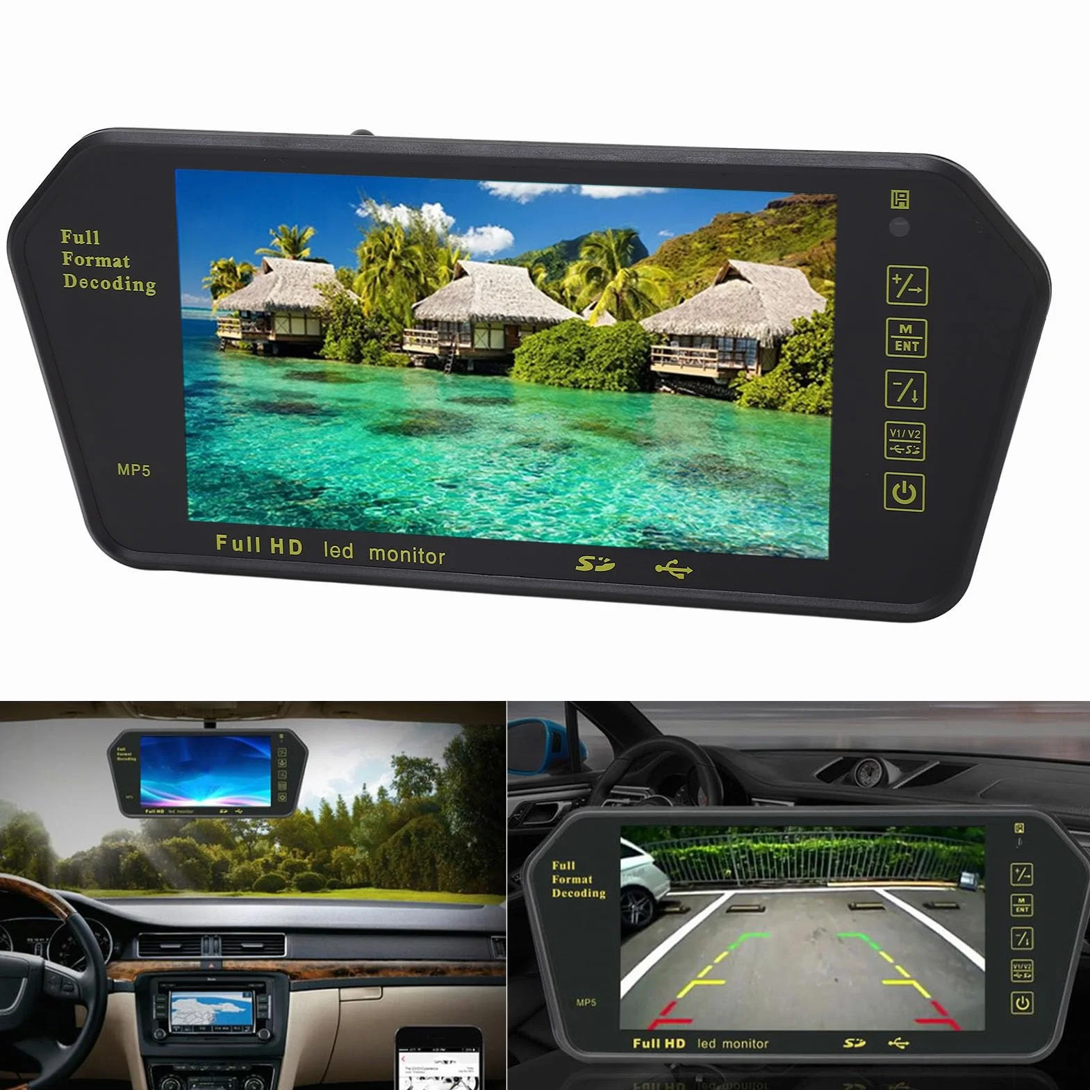 Monitor de Pantalla de Espejo Retrovisor, Pantalla de Espejo Retrovisor de 7 Pulgadas Cámara de Tablero Multimedia de Alta Resolución Cámara de Respaldo de Espejo Trasero con