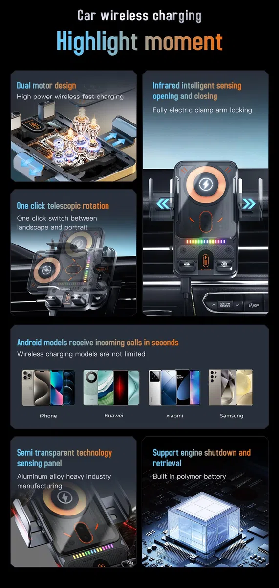 Cargador inalámbrico de coche con detección automática y rotación inteligente, carga rápida de 15 W, soporte universal para teléfono de ventilación y soporte de carga de abrazadera automática, estable