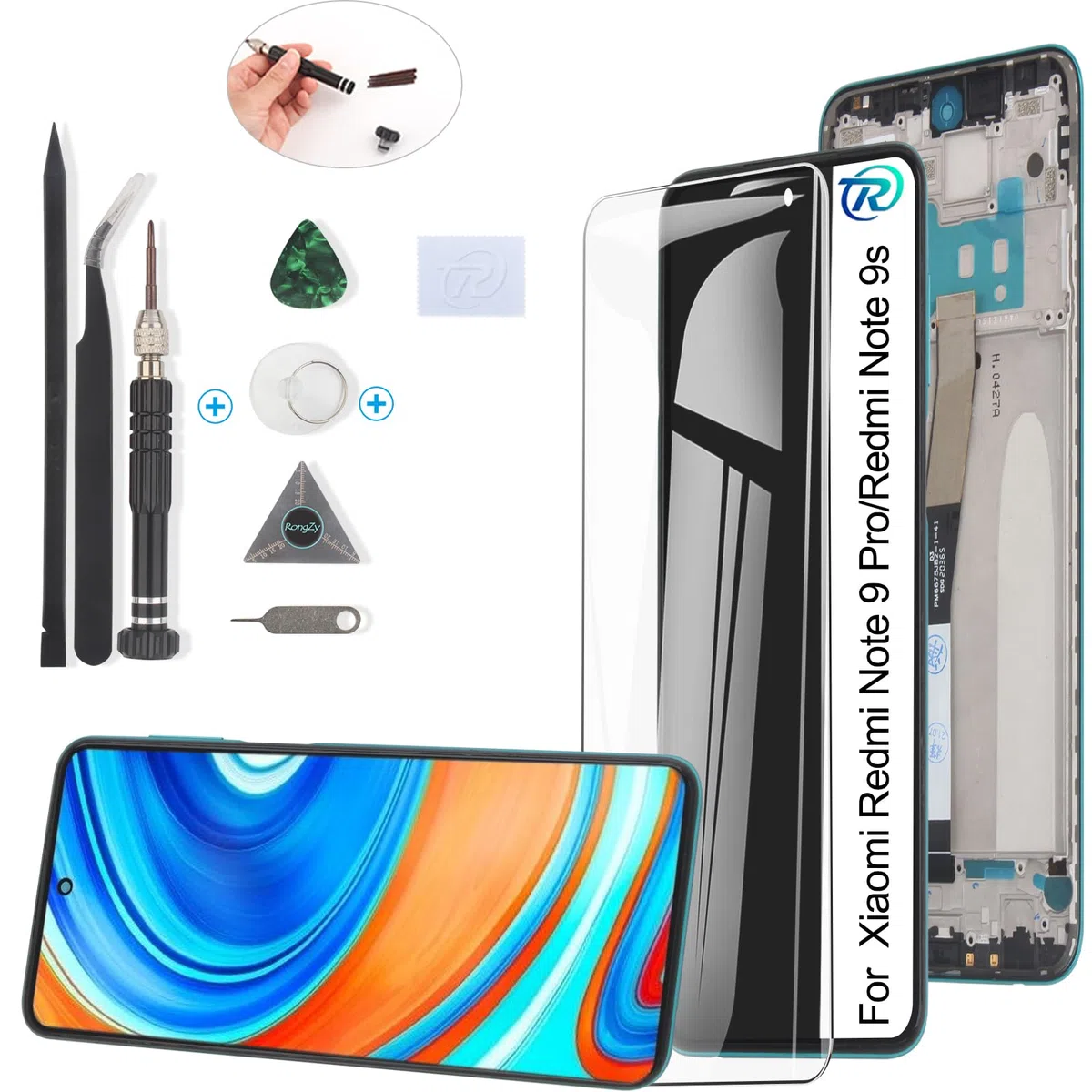 RongZy para Xiaomi Redmi Note 9S/Note 9 Pro Reemplazo de Pantalla Táctil LCD + Compatible con Redmi Note 9S/Note 9 Pro el Kit de Herramientas de la Pantalla de Montaje del Teléfono(Verde con Marco)