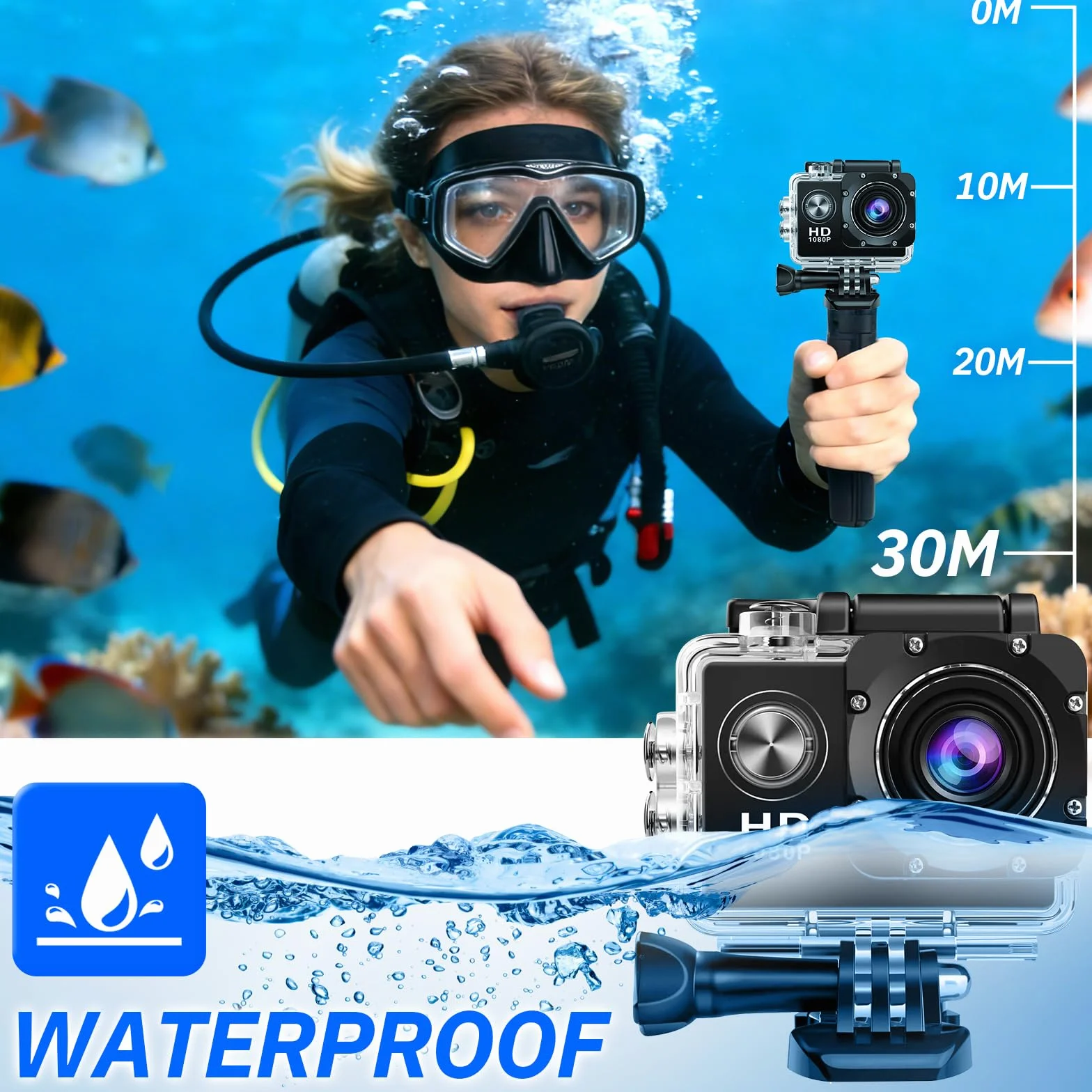 Cámara Deportiva HD, Camara Subacuática 30M con 120 Grados Gran Angular, Cámara Subacuática Buceo 2 Baterías Recargables de 900mAh y Kit de Accesorios