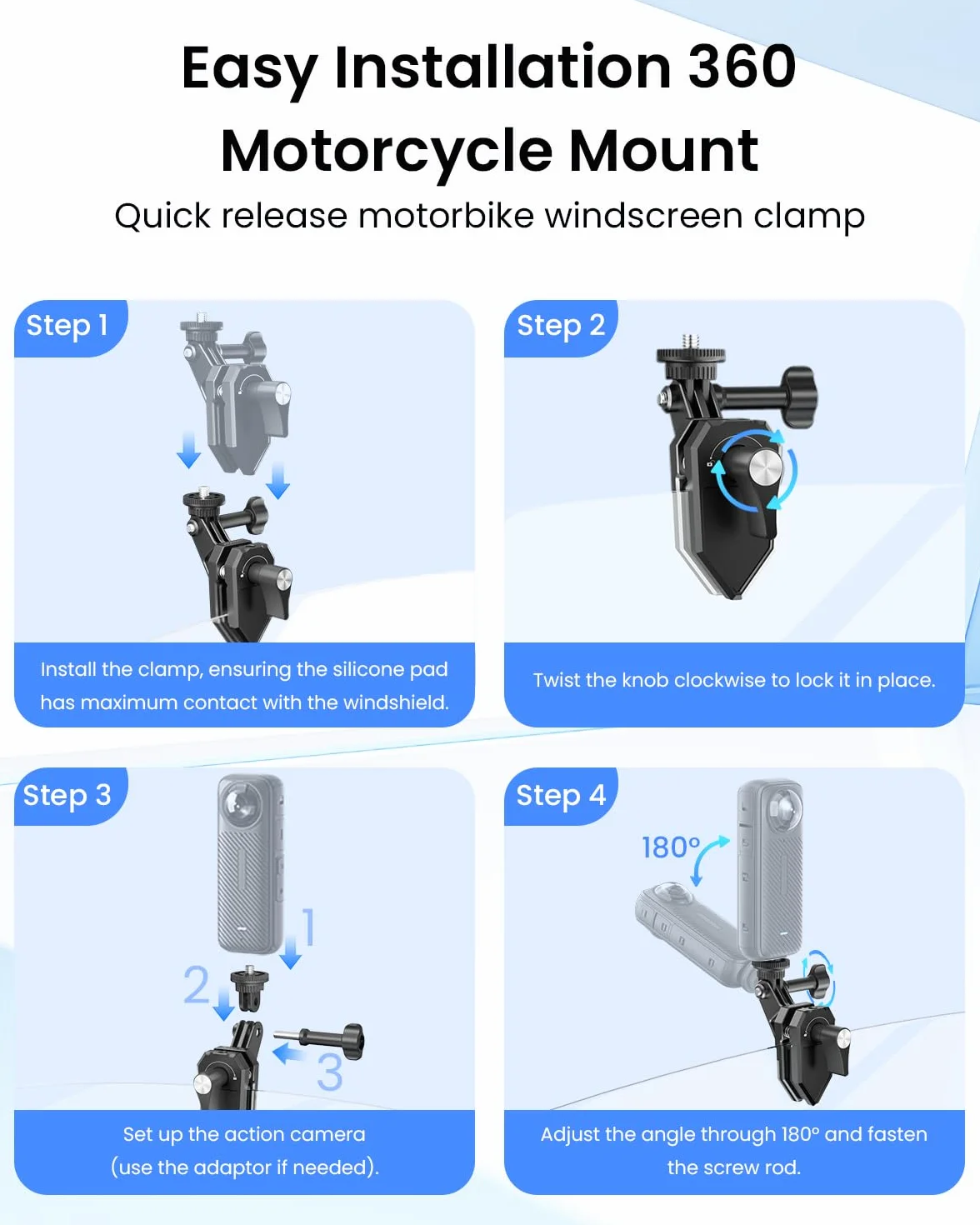 Pinza de Soporte de Cámara para Parabrisas de Motocicleta para Insta360 X5/X4/X3 para GoPro para dji Osmo Action Abrazaderas de Soporte de Motocicleta para Accesorios para Insta360 X5