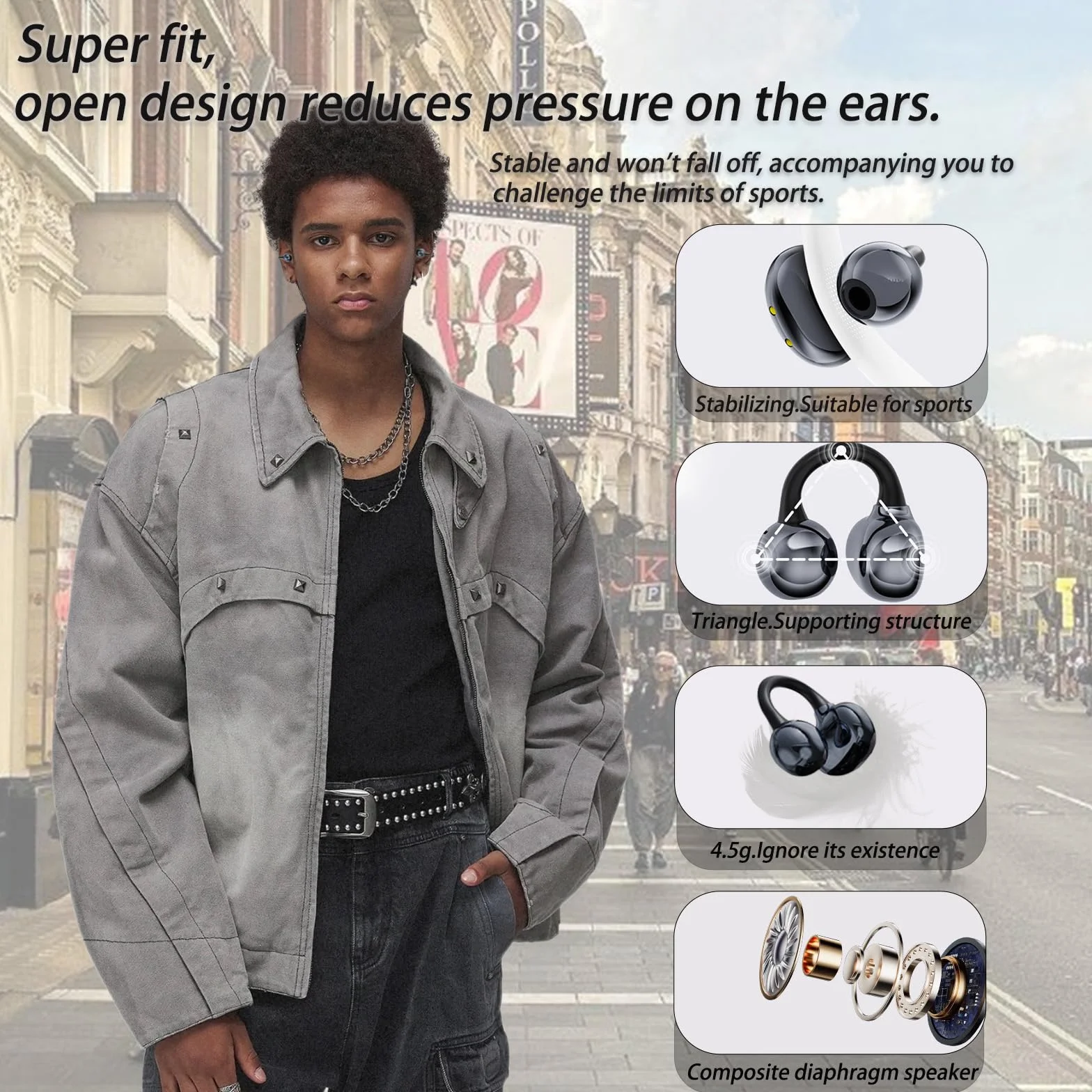 Auriculares Bluetooth Inalámbricos, Audífonos de Oreja Abierta, Clip para Orejas, 4,5g Ultraligeros,Bluetooth 5.49, Audio Direccional,45h Autonomía, iOS y Android,Ideal para Llamadas,Oficina y Deporte