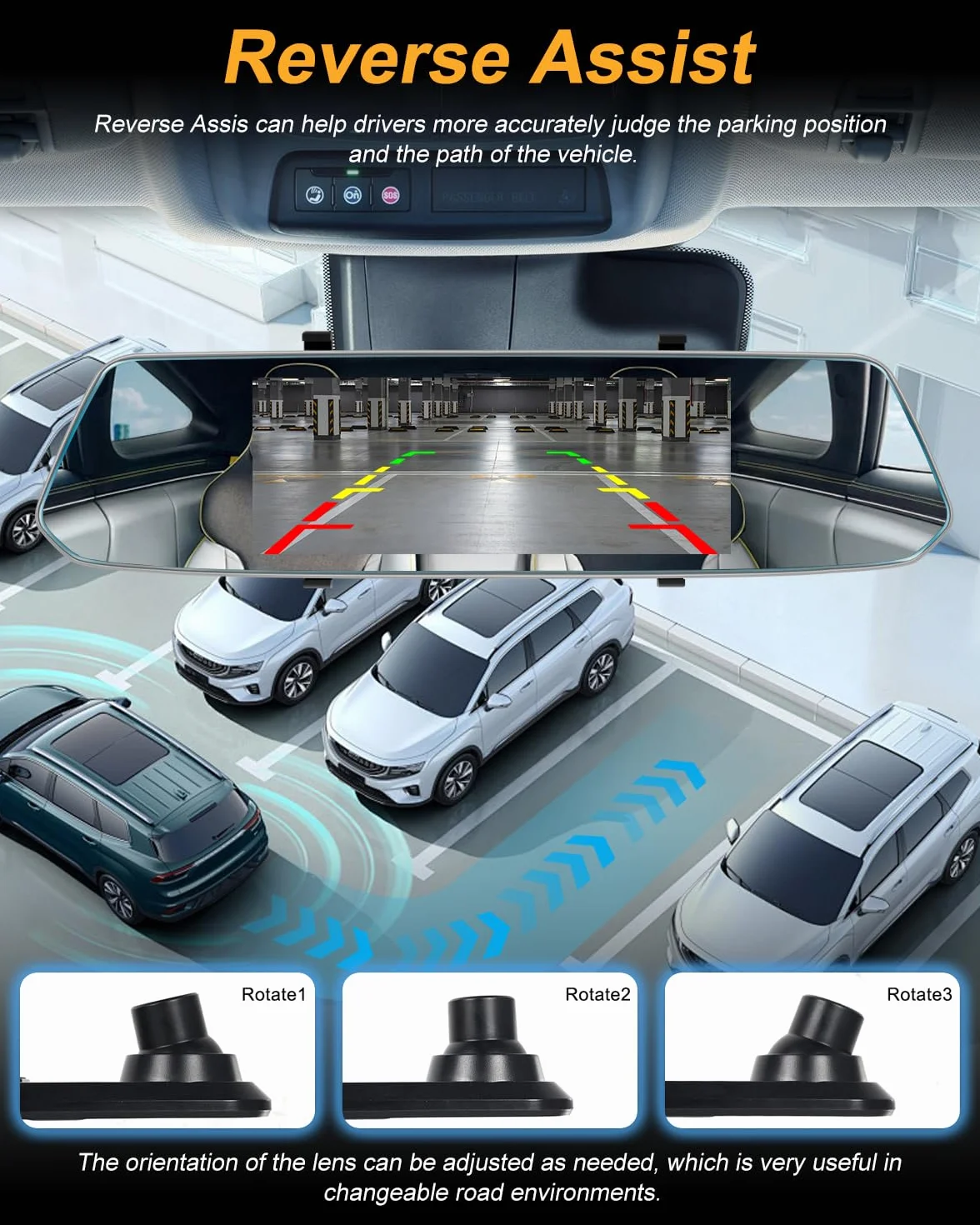 NHOPEEW 7 pulgadas Espejo Dash Cam con Vista Delantera y Trasera Cámaras Duales - Sensor de Gravedad/Visión Nocturna/Grabación en Bucle/Detección de Movimiento/Monitor de Aparcamiento + 64G Tarjeta SD
