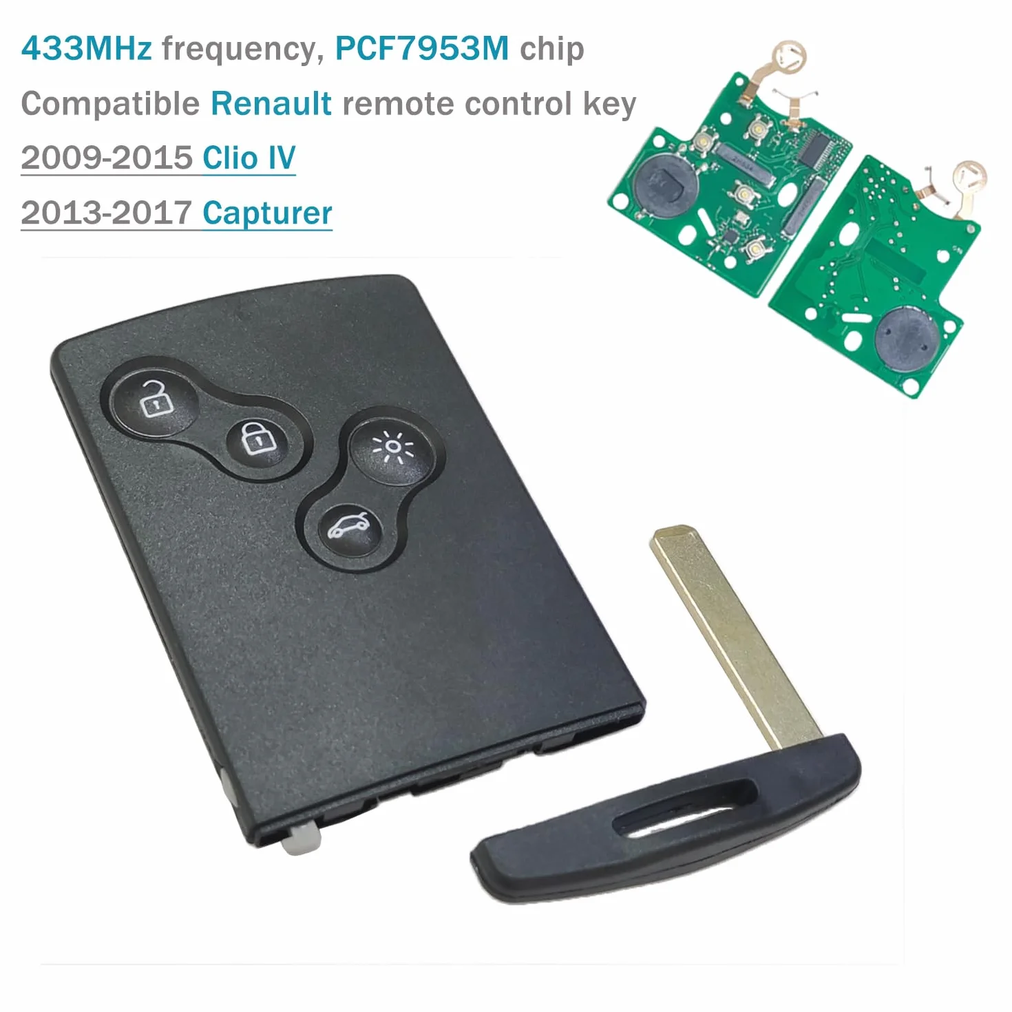 Llave Remota de 4 Botones 433MHz PCF7953M/4A Llave de Coche para REN-Ault Clio IV 2009-2015 Captur 2013-2017 Carcasa de Llave Remota Tarjeta en Blanco Programable