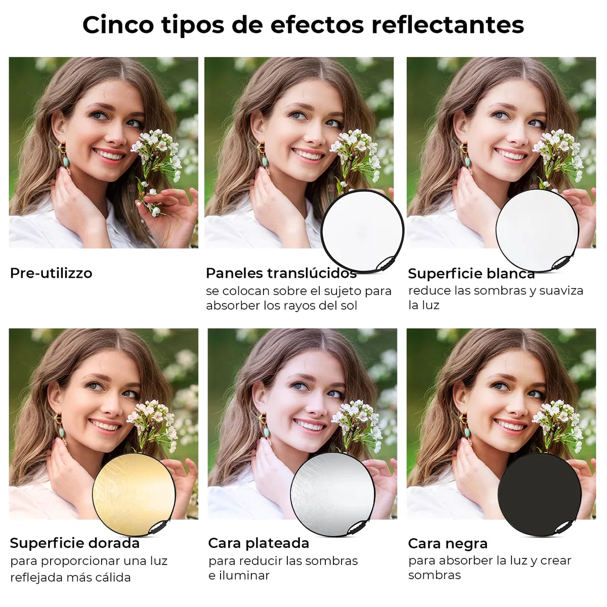 K&F CONCEPT Reflector de Luz 5 en 1 Difusor de Fotografía de 22"(60cm) Colapsable Portátil para Iluminación de Estudio y Exterior Oro Plata Blanco Negro Translúcido