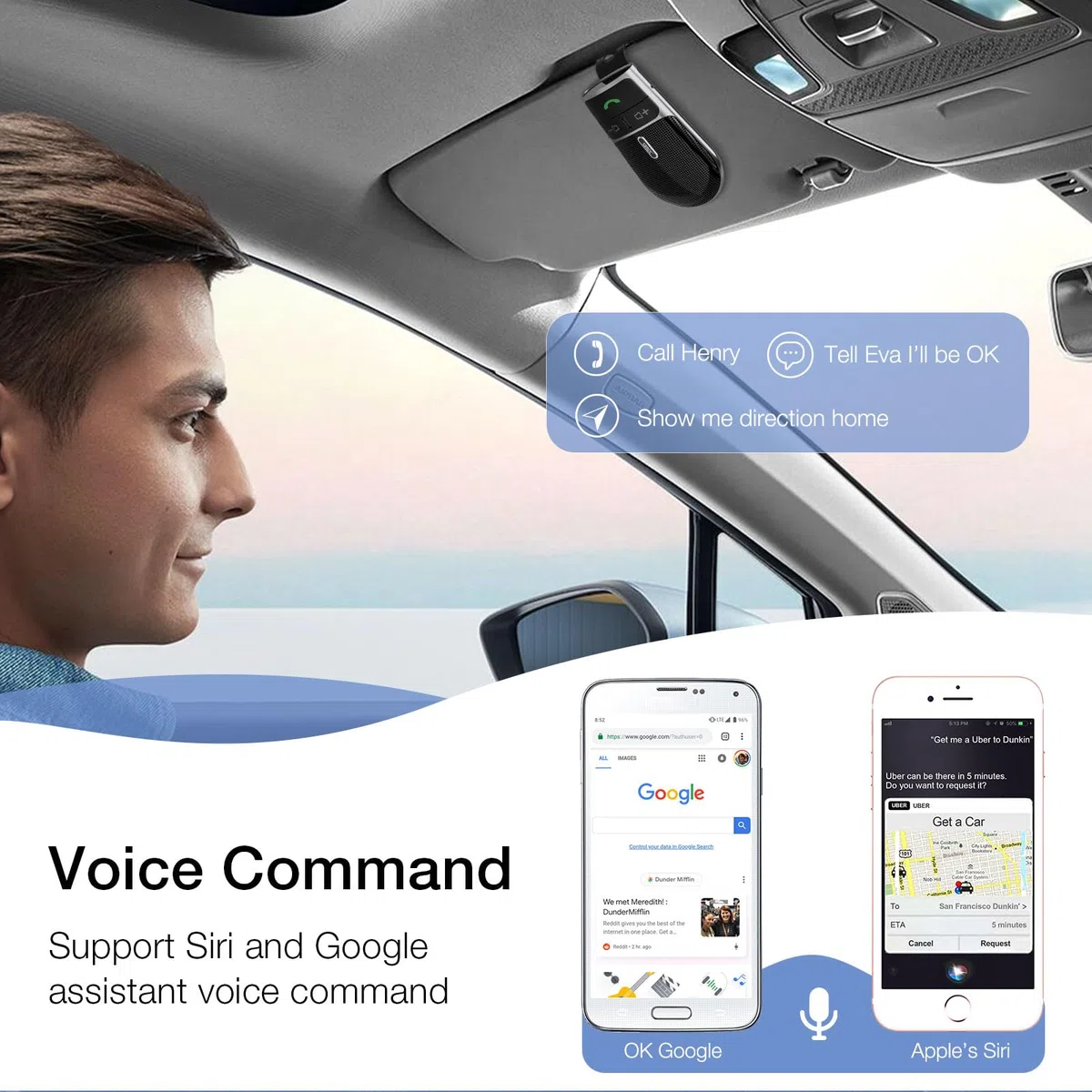 Manos Libres Coche 5.0,Soporte Siri y Asistente,Encendido Automático,Indicaciones de Voz,Música,Manos Libres Coche Bluetooth Conexión de 2 Teléfonos Simultáneamente con Clip de Visera-BC920SA