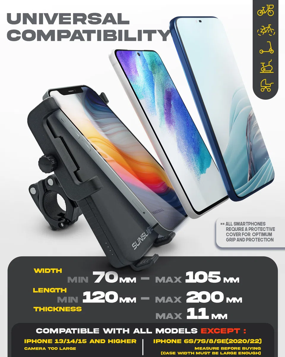 Sunslice Soporte Movil Bicicleta:, Soporte móvil Moto, Soporte móvil con Power Bank Integrado, Soporte telefono Bicicleta Compatible para iPhone, Samsung, inalámbrico, Carga móvil sin Cable