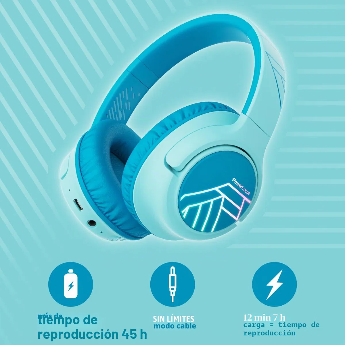 PowerLocus Auriculares de Diadema para Niños, Cascos Bluetooth Inalámbricos, Límite de Volumen de 74/85/94dB, Luces LED de Colores, Micrófono, Plegable, Conecta 2 Auriculares al Dispositivo