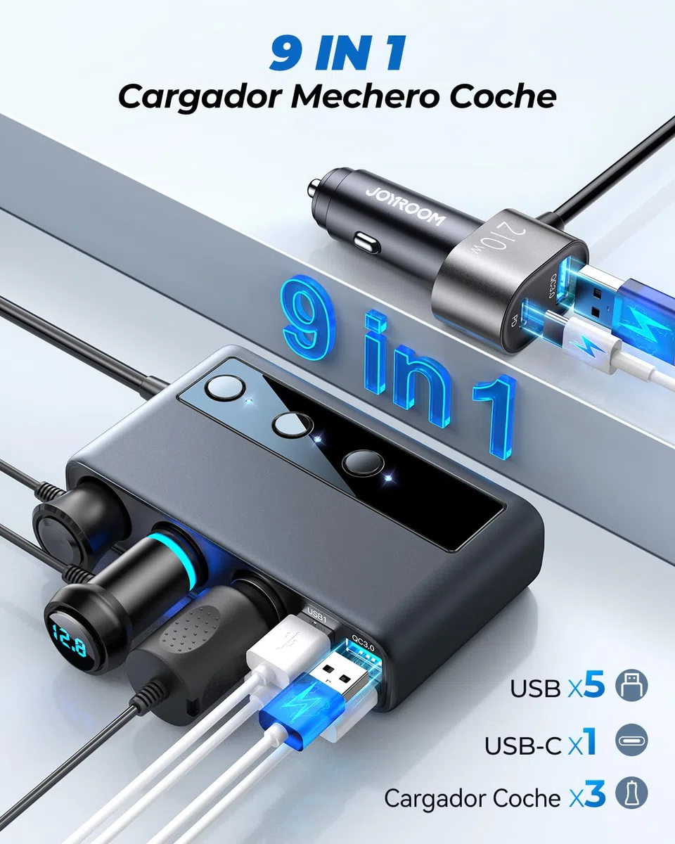 JOYROOM 210W 9-en-1 Divisor Encendedor Cigarrillos,【2025 Nuevo】 12V/24V Divisor Salida 3 Socket Cigarette Lighter Splitter con 36W PD/QC 3.0, 5 Puertos de Carga USB & Voltímetro LED para iPhone 16