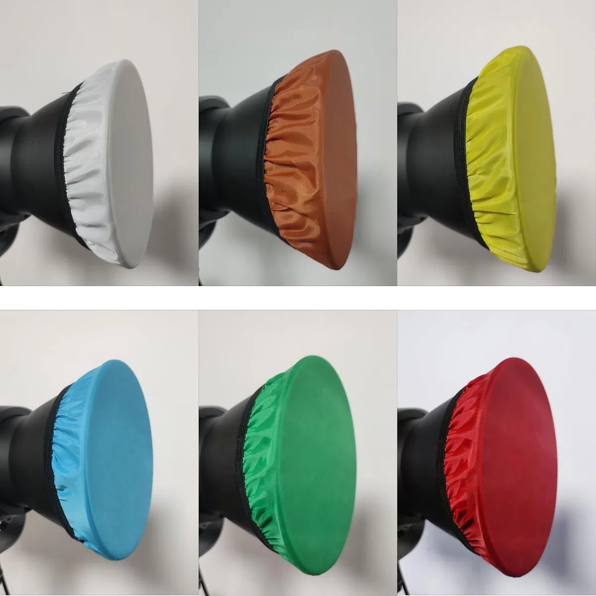 Paquete de 6 calcetines difusores de luz suaves con banda elástica para reflector estándar de 18 cm, rojo, amarillo, azul, marrón, verde, blanco para reflector de montaje Bowen estándar de