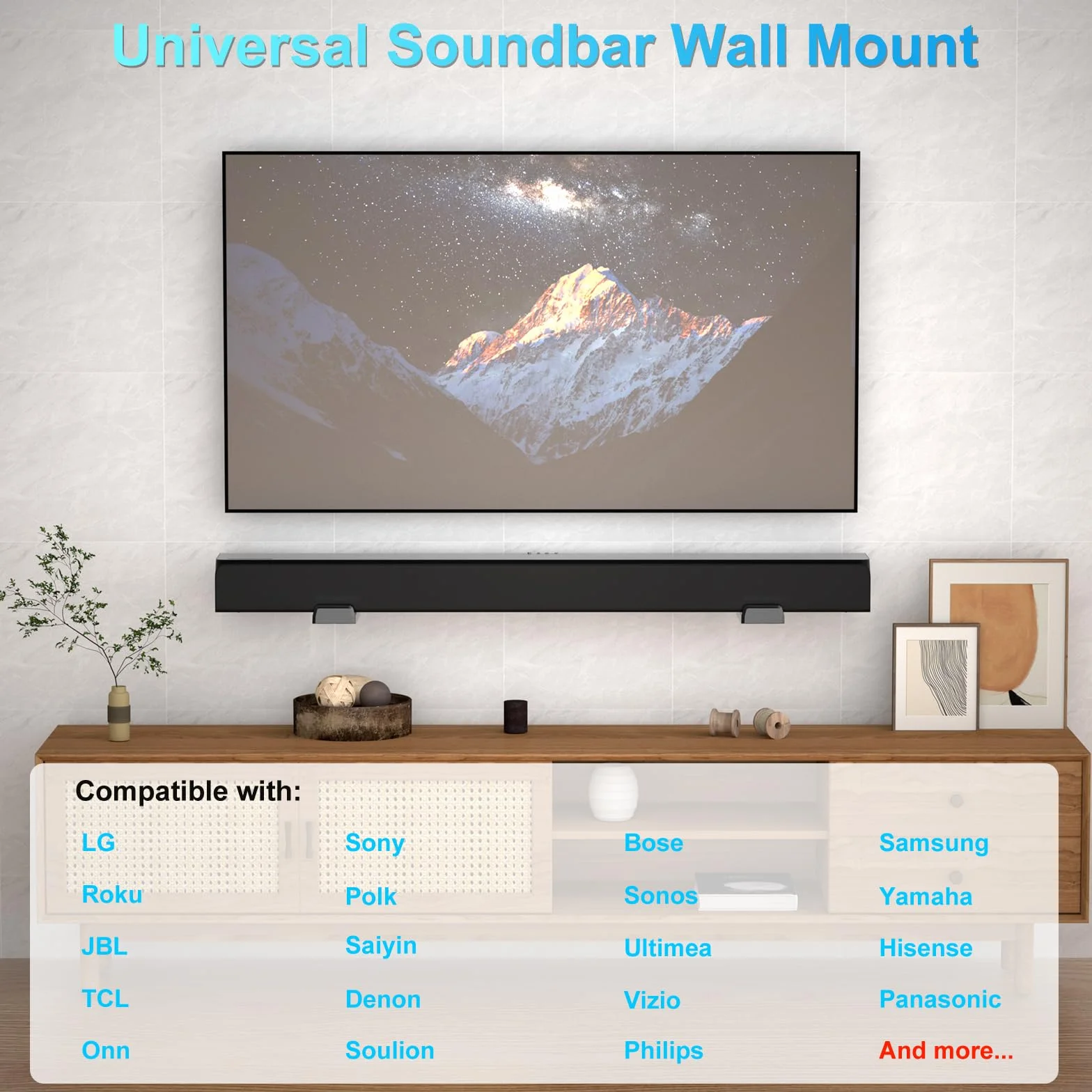 ZUOLACO Soporte de pared para barra de sonido Samsung, Bose, Vizio, LG, Sony, JBL, Sonos y otros soportes de barra de sonido bajo TV, puede soportar hasta 15 kg, profundidad ajustable de 9,1 a 16,3 cm