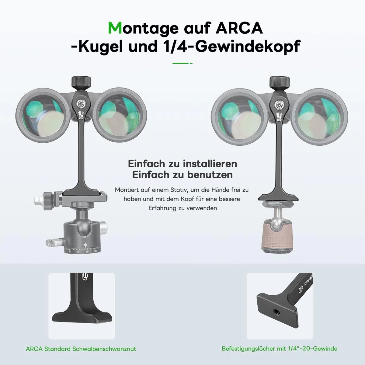 FANAUE Adaptador de trípode para prismáticos Porro y cabezales de bola Arca, universal para observación de aves y caza
