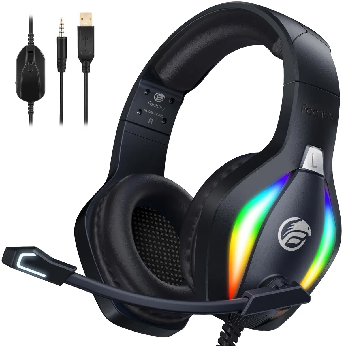 Fachixy FC100 Cascos Gaming para PS4, PS5, PC, Xbox One, Switch, Auriculares Gaming Cancelación de Ruido, Cascos con Microfono Estéreo Sonido, Cascos para PS4 con 3.5mm Jack con Luz RGB (Negro)