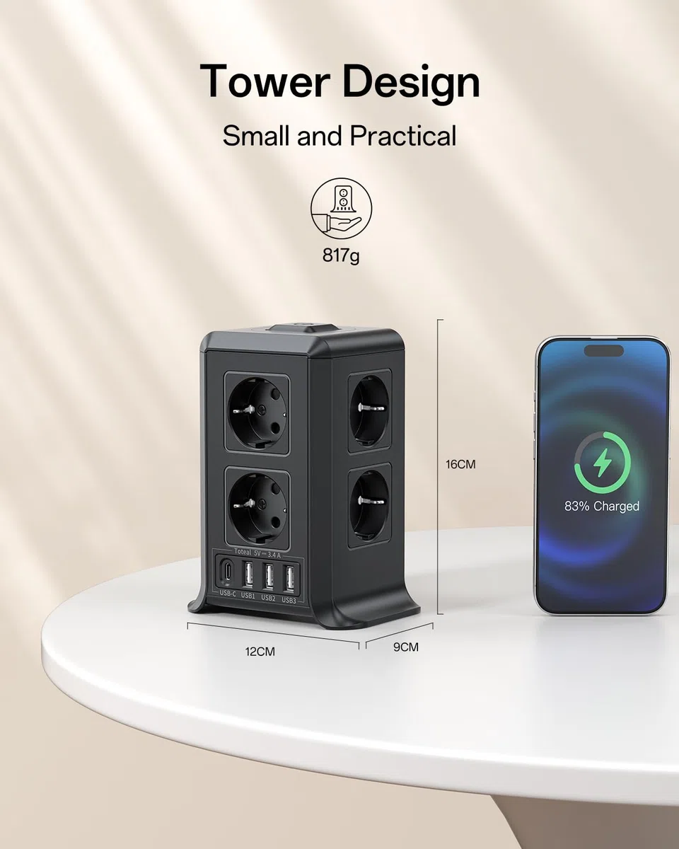3M Torre Regletas Enchufes, Regleta Enchufes Proteccion Sobretension con Interruptor, con 8 Tomas de AC y 4 USB Regleta Vertical, Enchufe Multiple es Adecuado para Escritorios, Salones y Dormitorios